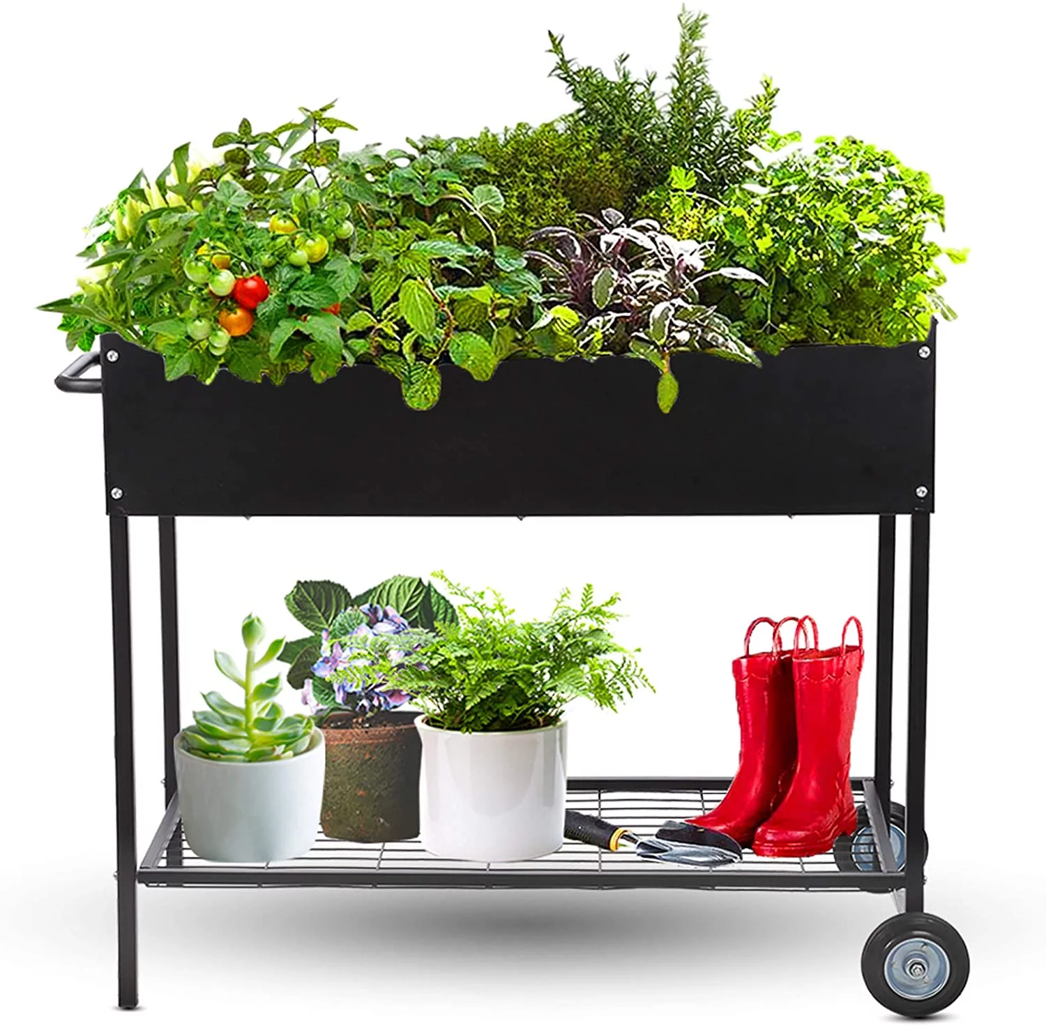 Raised Garden Bed with Wheels - Mobile Galvanized Steel Planter with Lower Shelf