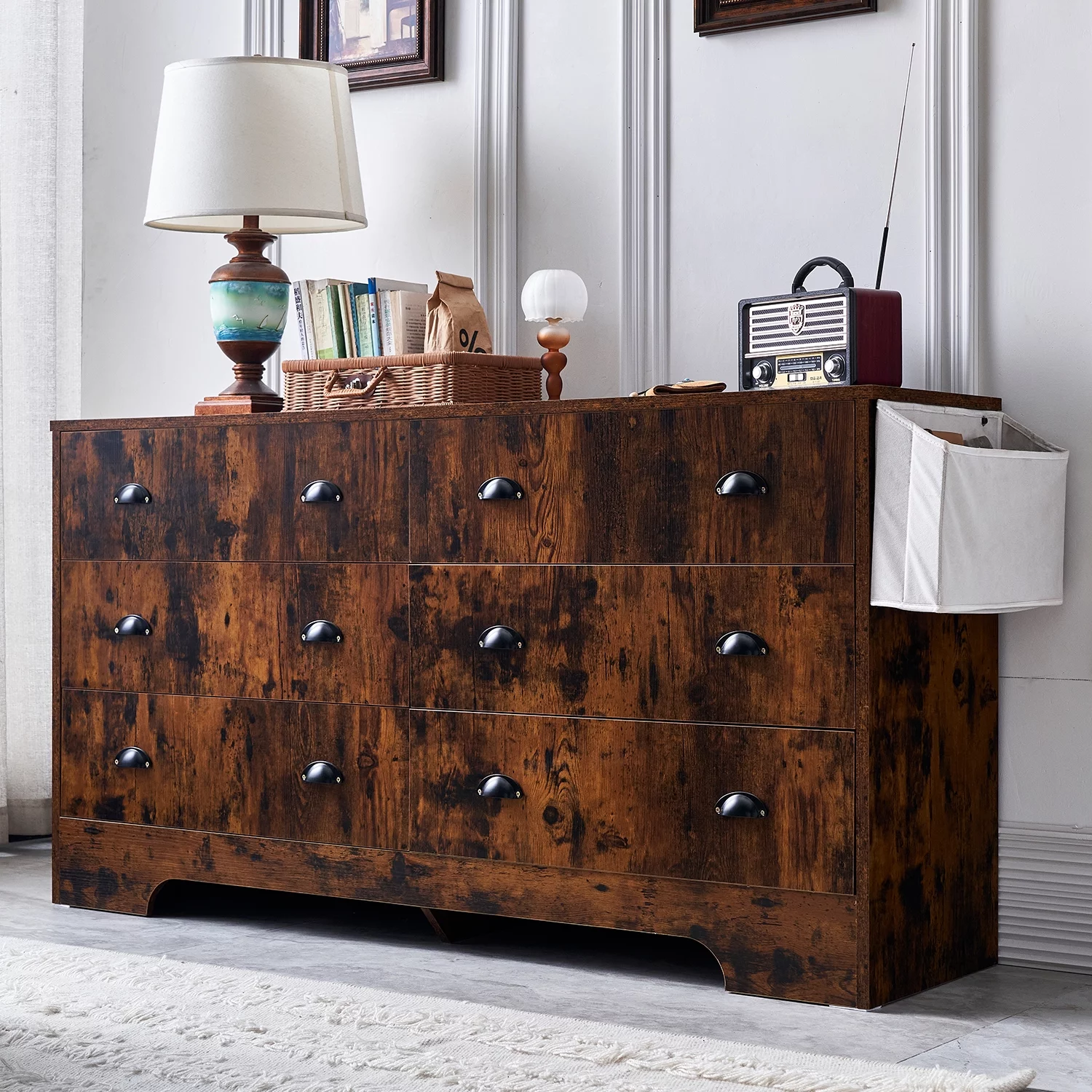 Tzicr 6 Drawers Dresser Chests for Bedroom with Charging Station, Industrial TV Stand for 60