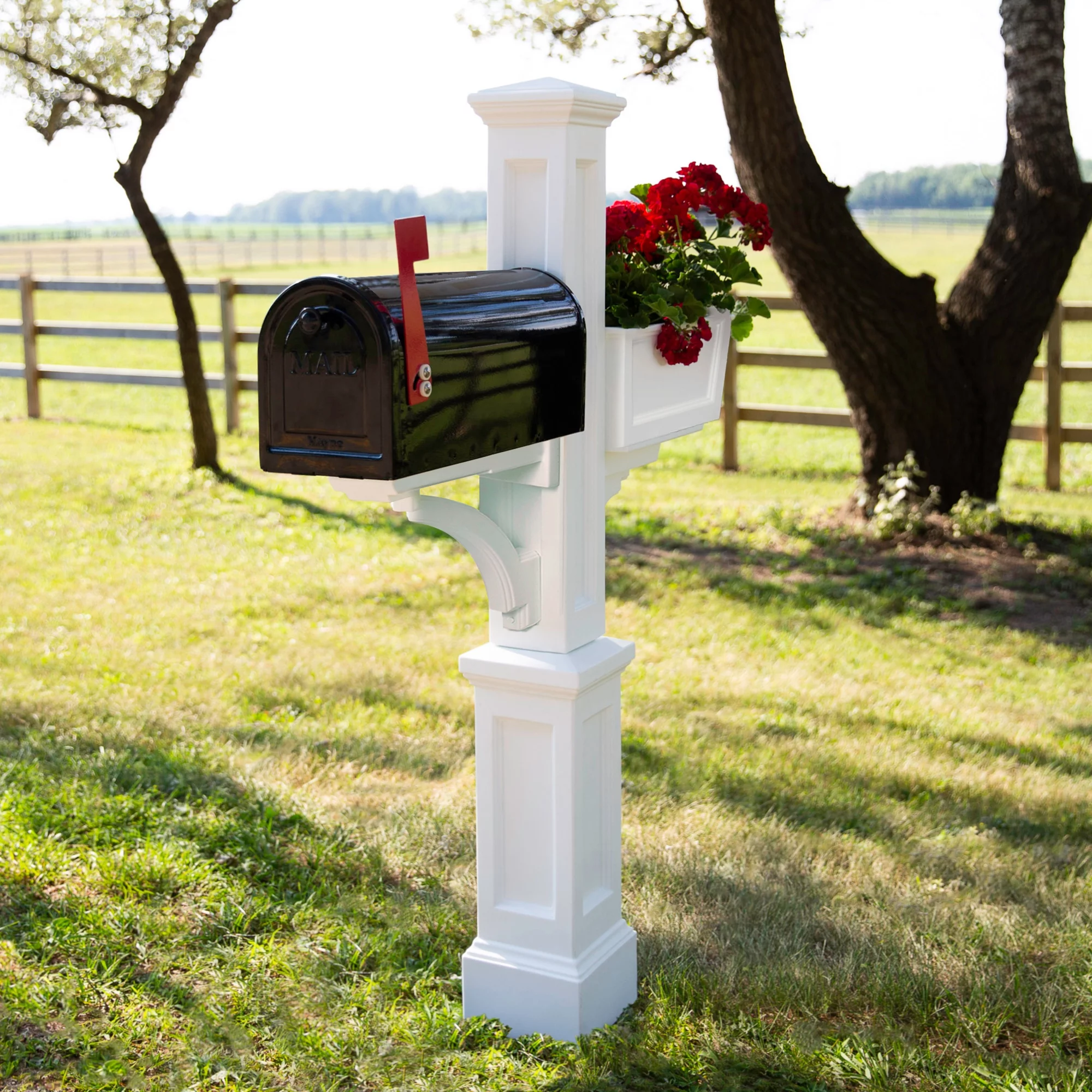 Mayne Inc. Westbrook Plus Mail Post - White - 40.5in L x 8in W x 56.5in H - Standard Post, Arm Plus & Planter (5830-W)