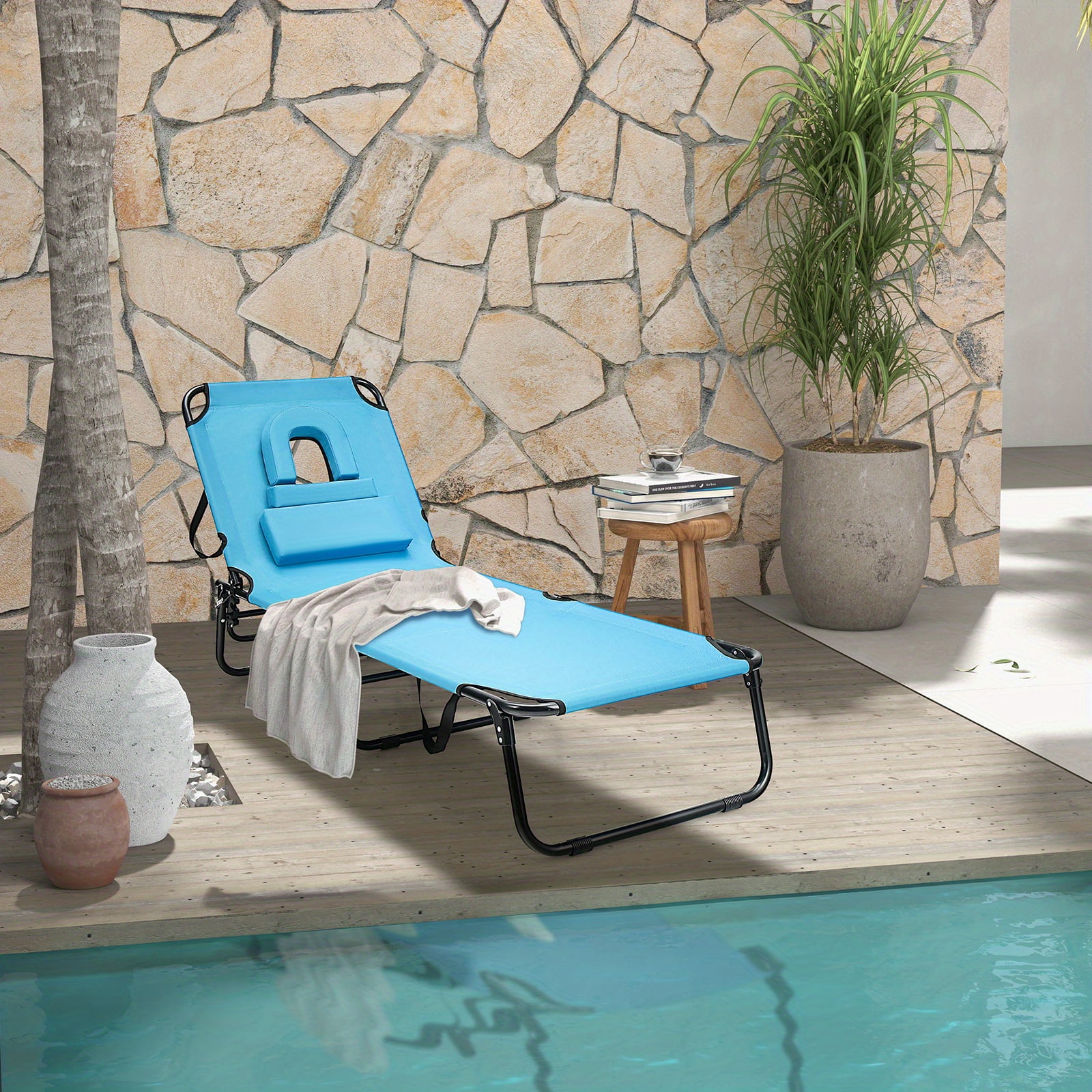 Folding Chaise Lounge Chair, Outdoor Beach Lounge Chair with Face Hole, 5 Adjustable Positions, 3 Removable Pillow, Portable Face Down Tanning Chair for Poolside, Patio, Lawn (1, Turquoise)