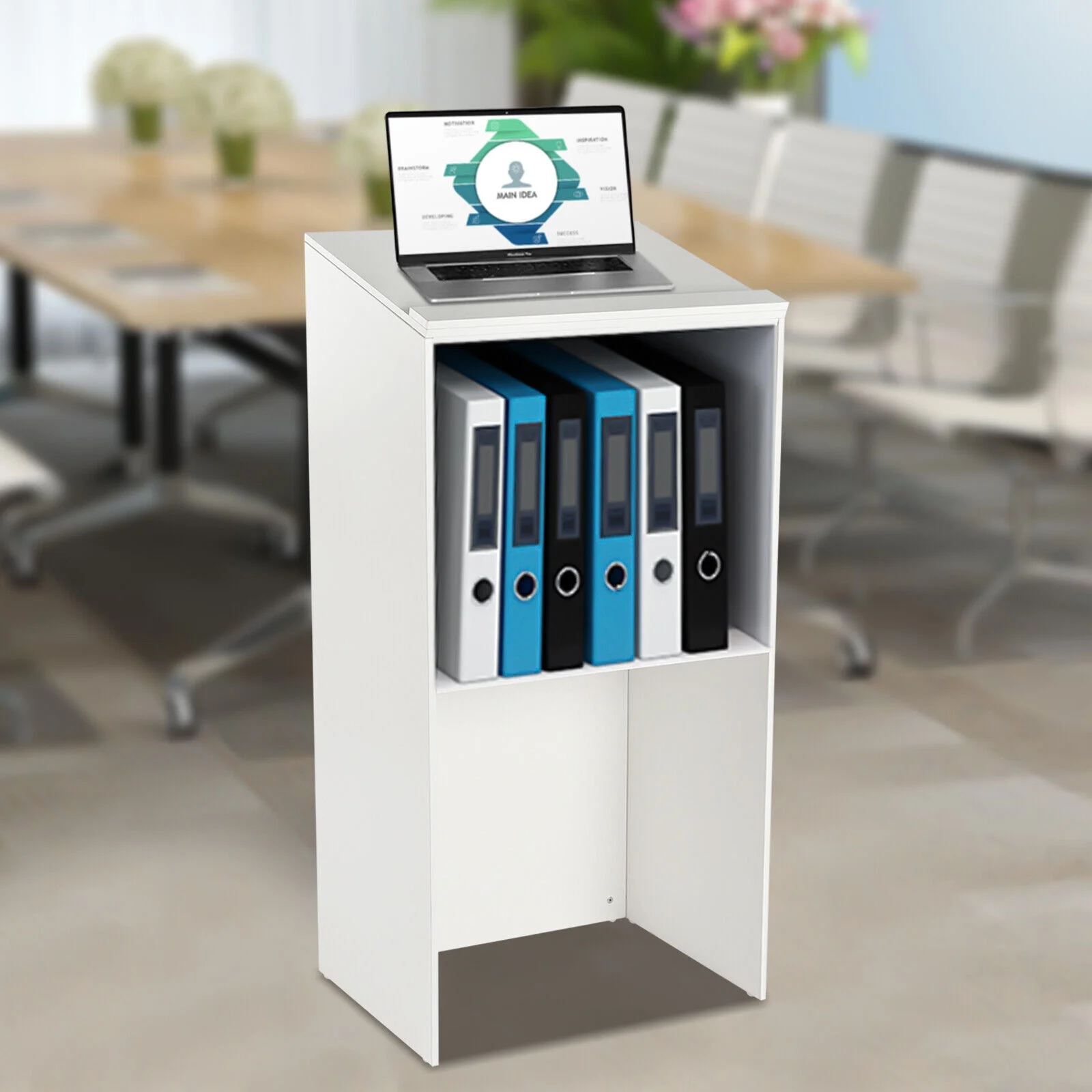 SHZICMY Wood Podium Curve Pulpit Church Podium Lectern Desk Presentation Stand with Shelf White