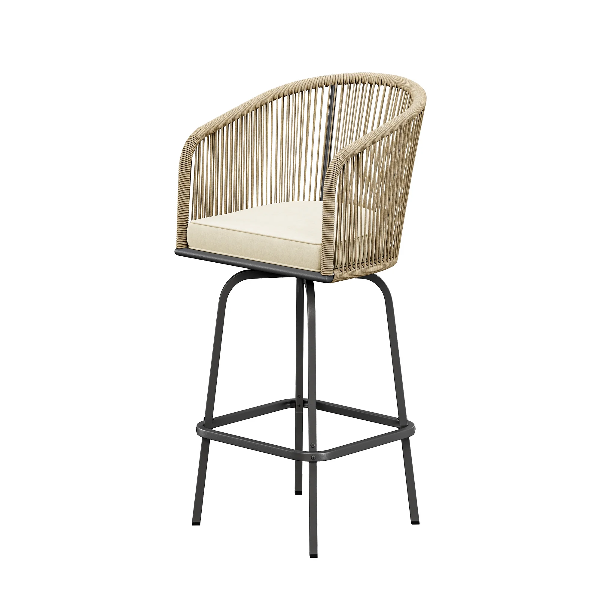 ModFusion 2 -Piece Bar Stools Outdoor Patio Woven Chair, 360 Rotatable Swivel Chair with Soft Cushion, Light yellow and Beige