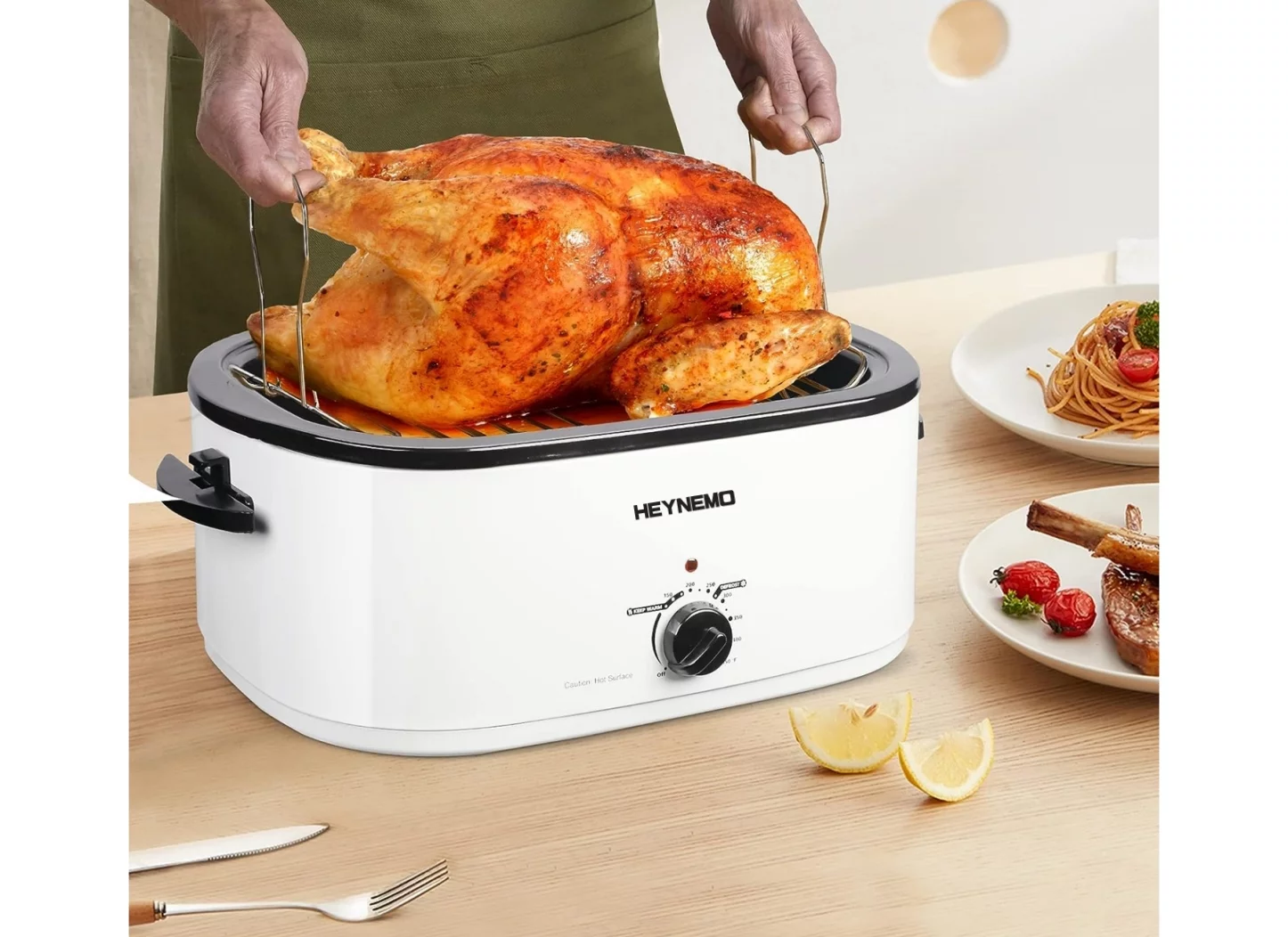 CozyHom 22 Quart Electric Roaster Oven Stainless Steel Turkey Roaster Pan with Removable Insert Pot, White