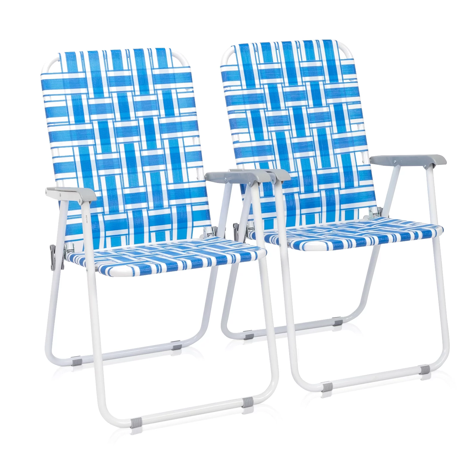 2pcs Blue & White Strip Folding Beach Chair, Steel Tube Frame, PP Webbing, Supports 120kg