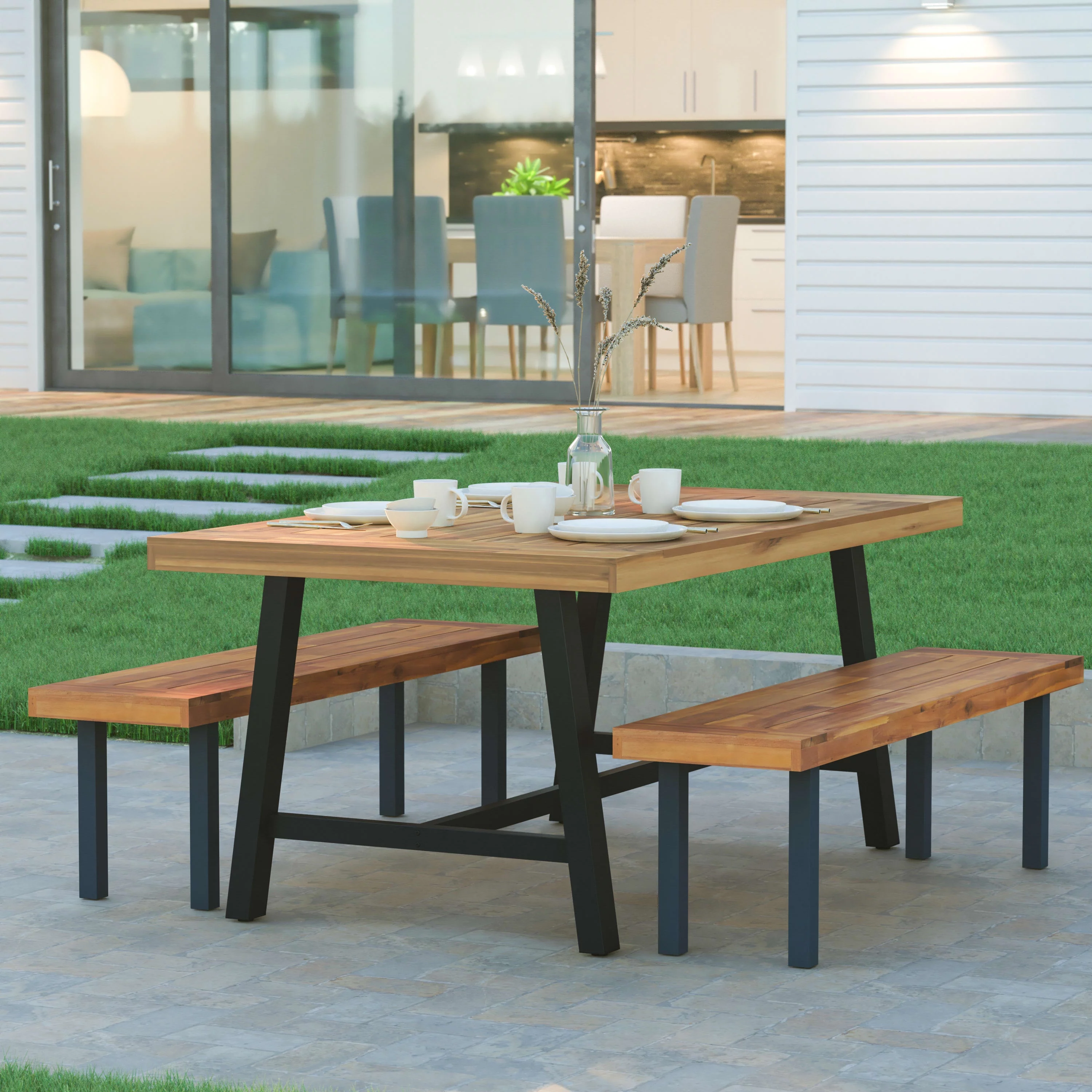 Emma + Oliver Natural Finish Solid Acacia Wood Dining Table with Black Metal Legs for Indoor and Outdoor Use