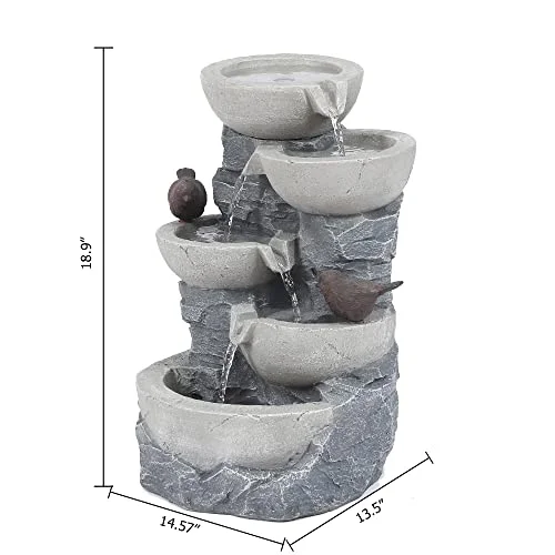 LuxenHome Resin 5 Tiered Pots Outdoor Fountain, Floor Stacked Stone Waterfall Fountain Decoration for Patio Garden Back Yard Courtyard 19 Inch, Gray/