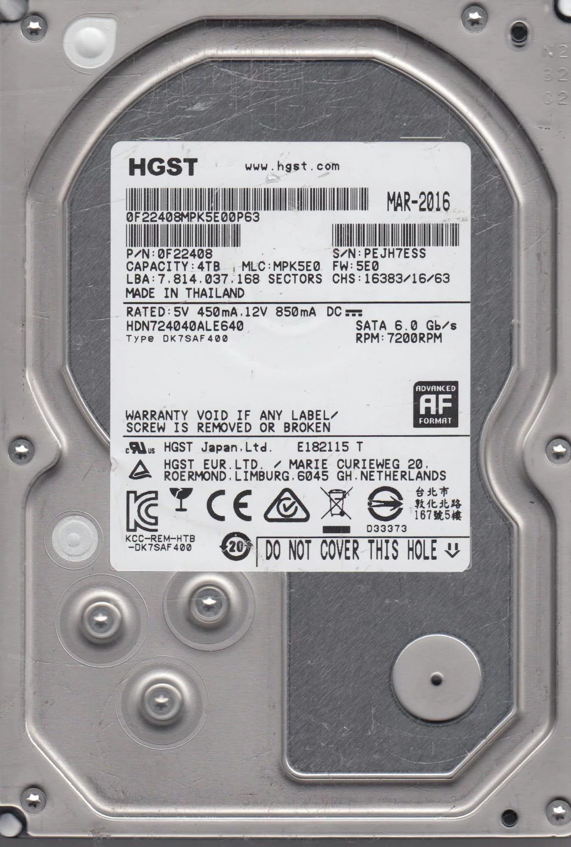 HDN724040ALE640, PN 0F22408, MLC MPK5E0, Hitachi 4TB SATA 3.5 Hard Drive