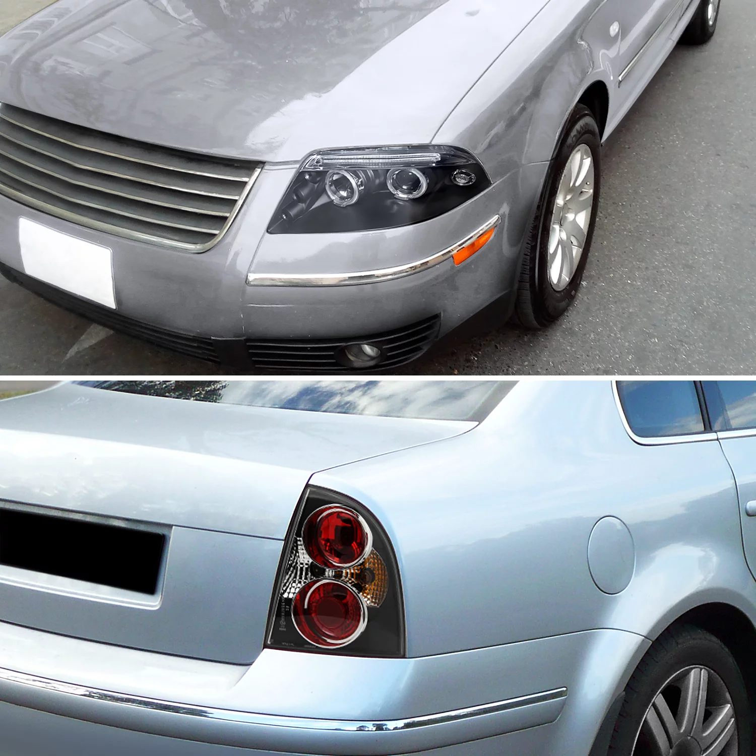 Spec-D Tuning Black LED Halo Projector Headlights + Black Tail Brake Lamps Compatible with 2001-2005 Volkswagen Passat Left + Right Pair Headlamps Assembly