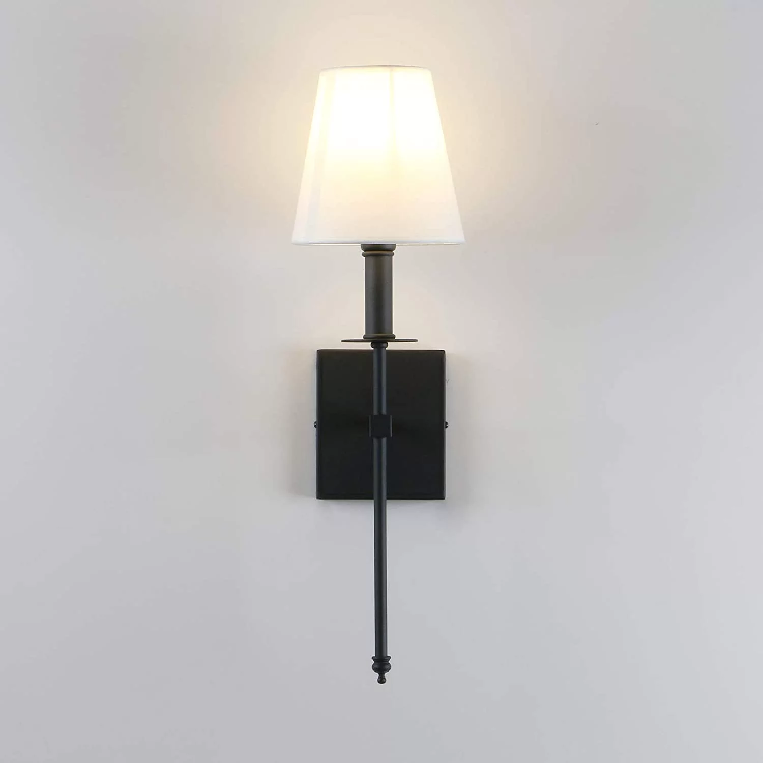 YANRUI Set of 2 Classic Rustic Industrial Wall Sconce Lighting Fixture with Flared White Textile Lamp Shade and Black Tapered Column Stand