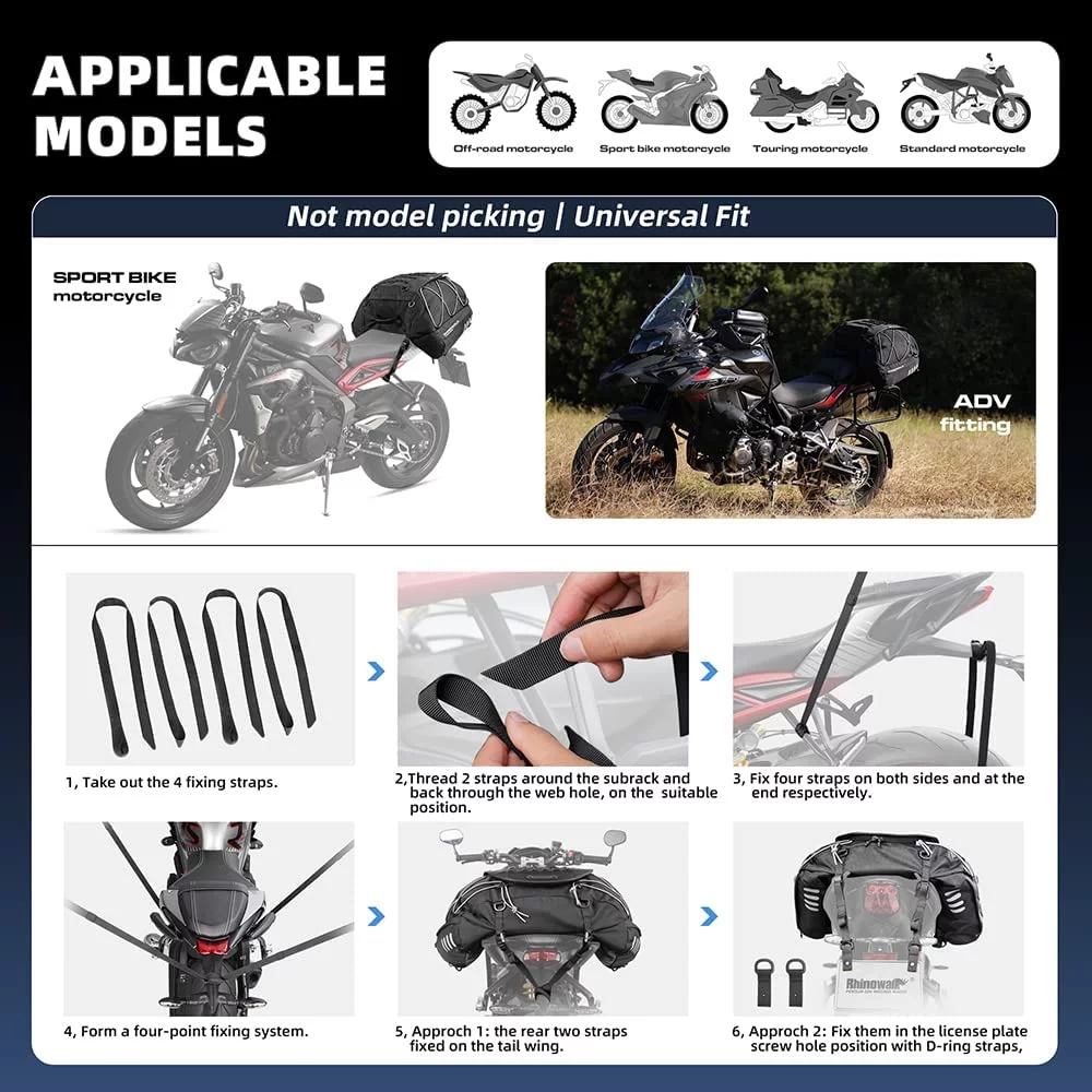 Rhinowalk Motorcycle Saddle Bags Motor Expandable Cargo Bag Powersports Rack Bag Trunk Luggage Bag 35L-50L, Black