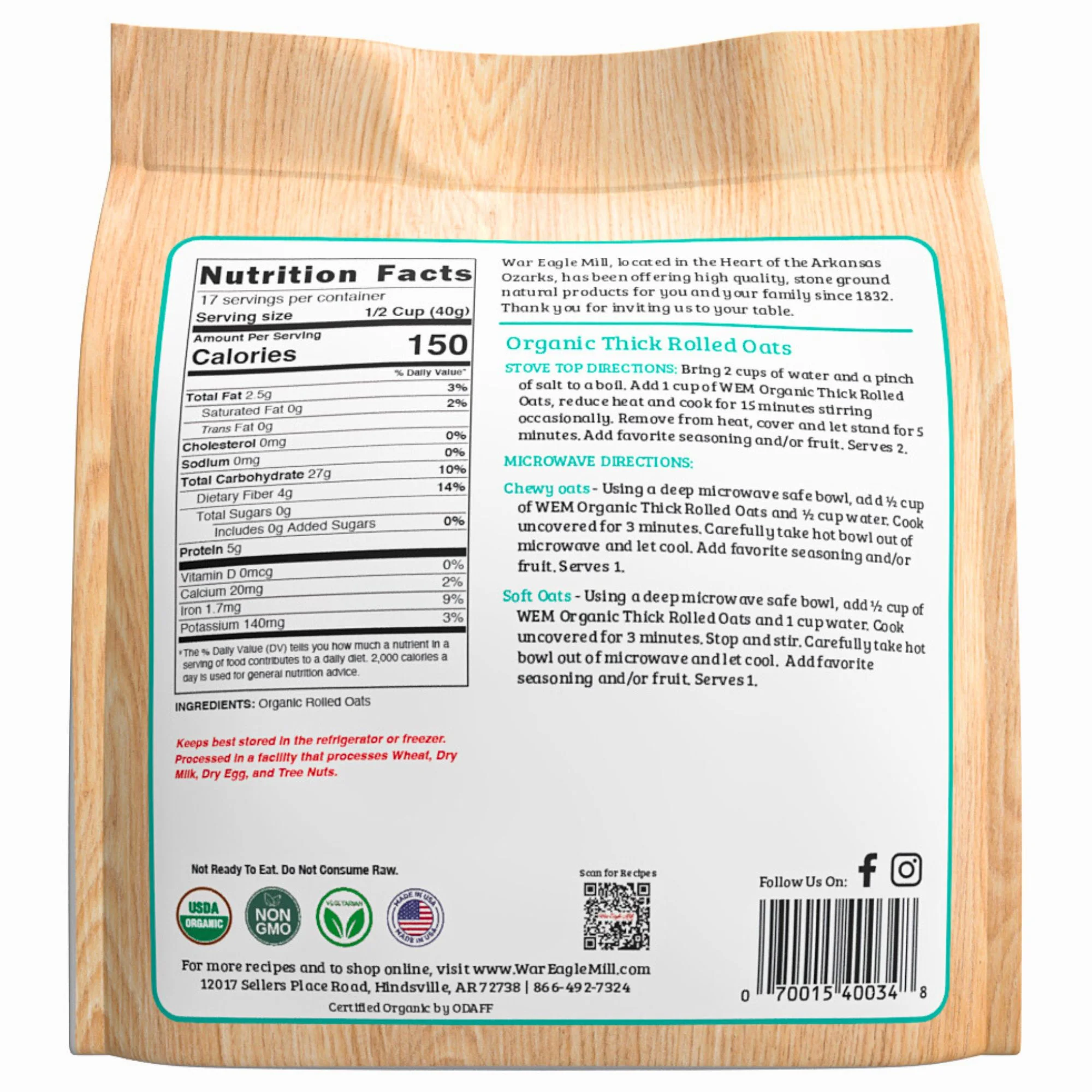 War Eagle Mill Organic Thick Rolled Oats, Non-GMO, 24 oz. Bag (Pack of 2)