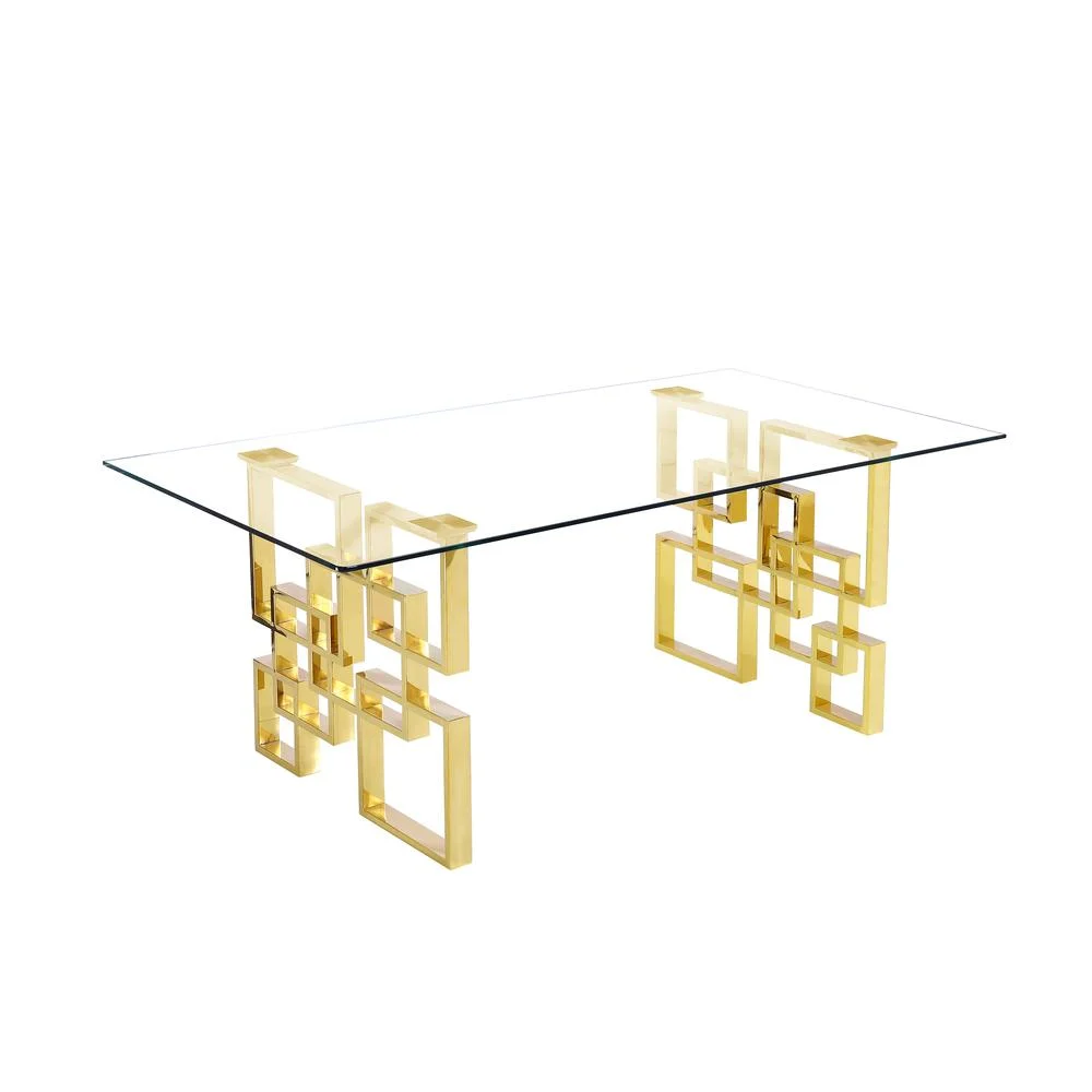 7 Piece Dining Set with Rectangular Clear Glass Top and Gold Stainless Steel