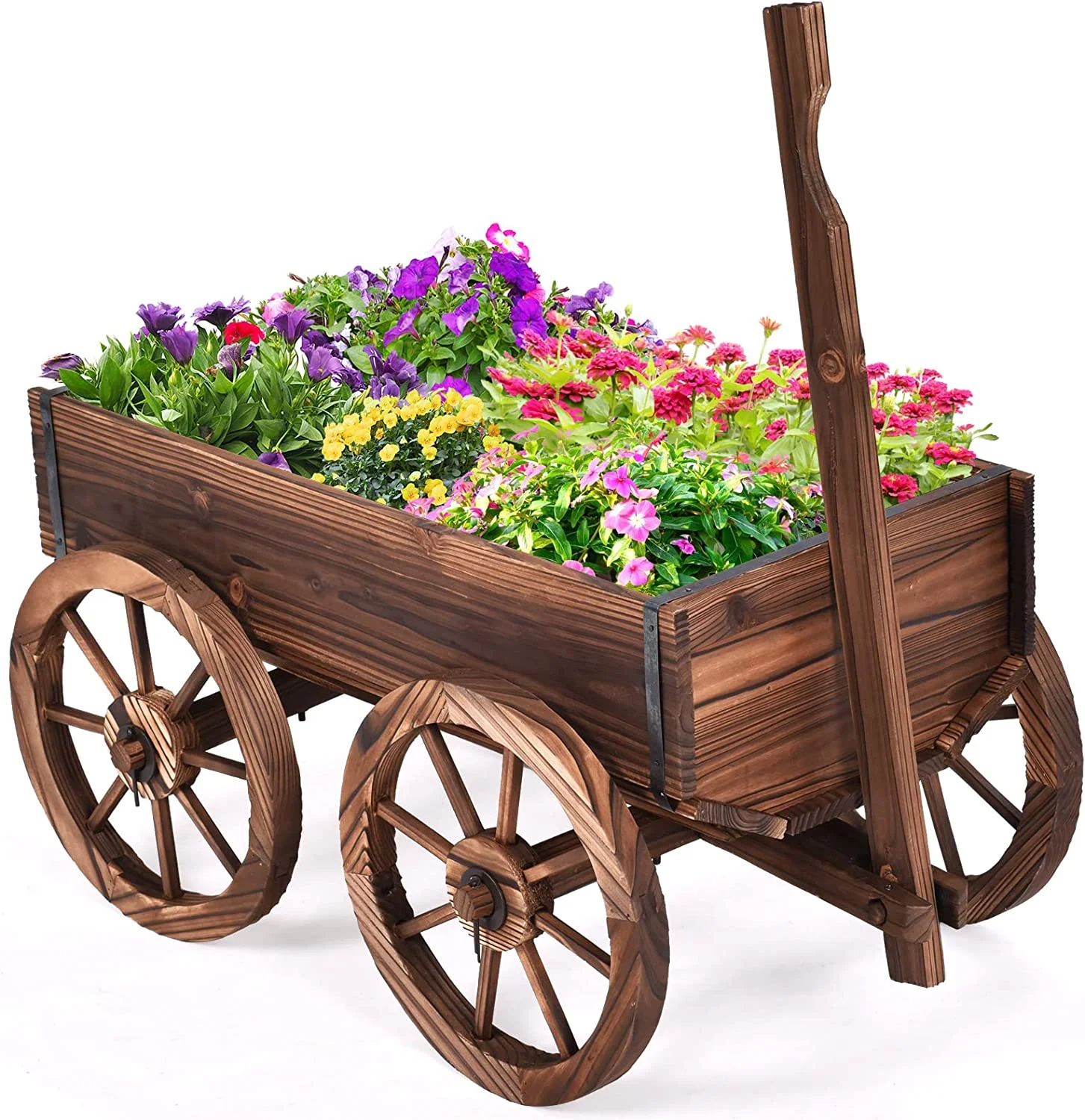 Wooden Wagon, Wood Flower Planter Pot Stand with 4 Wheels & Drainage Holes, Amish Wagon Planter, Rolling Pot Stand Wood Wagon for Outdoor Plants Garden Decorative Garden Planter, Brown