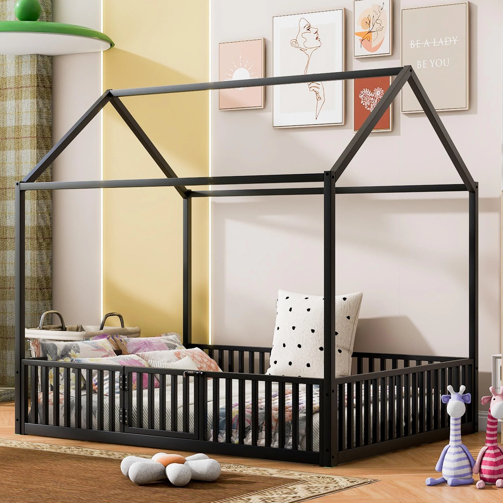 Bellemave Full Size Floor Bed for Kids, Metal Montessori Toddler Bed with Door and Fence, House Bed Frame for Toddler Kids Boys Girls (Slats Not Include)-Black