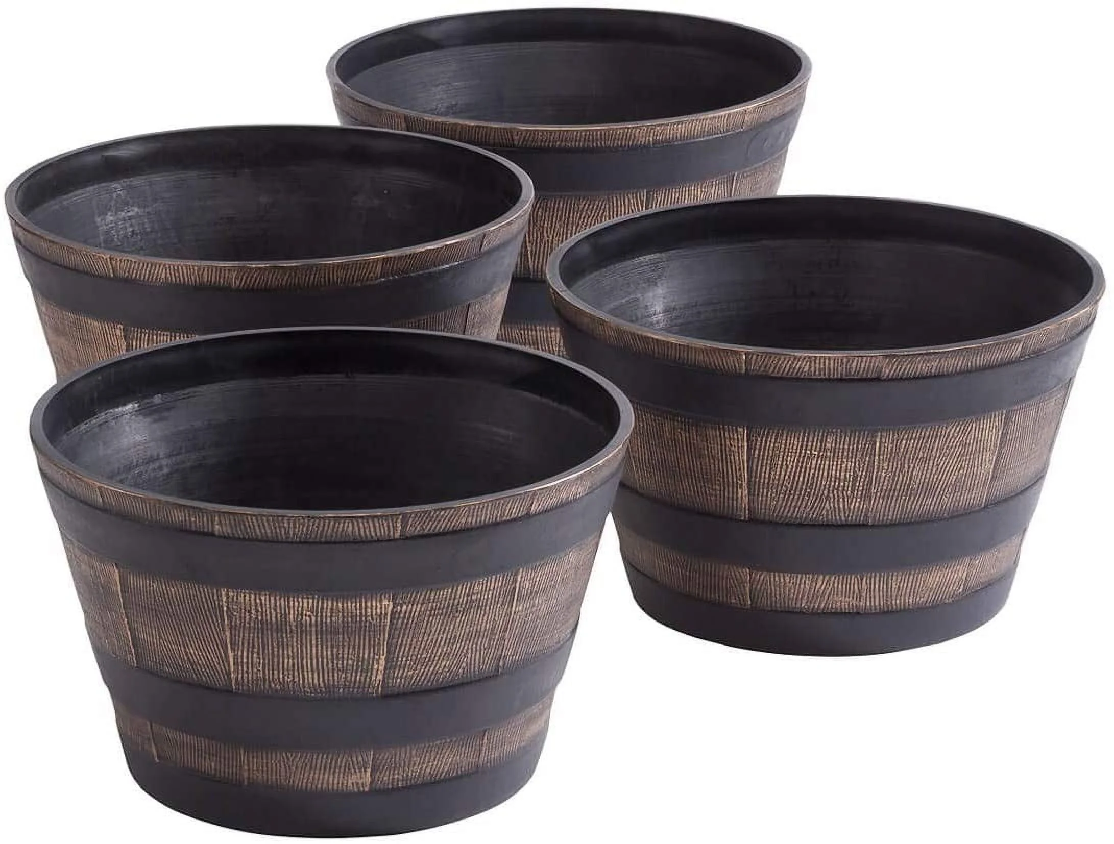 Wood-Look Barrel Planters, Lightweight Durable Plastic, Outdoor Décor, Rustic – Measures 8” High x 13” Diameter