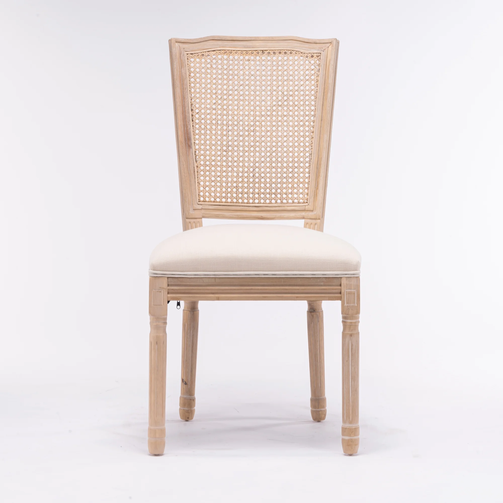 French Style Solid Wood Frame Antique Painting Linen Fabric Square Rattan Back Dining Chair,Set of 2,Cream