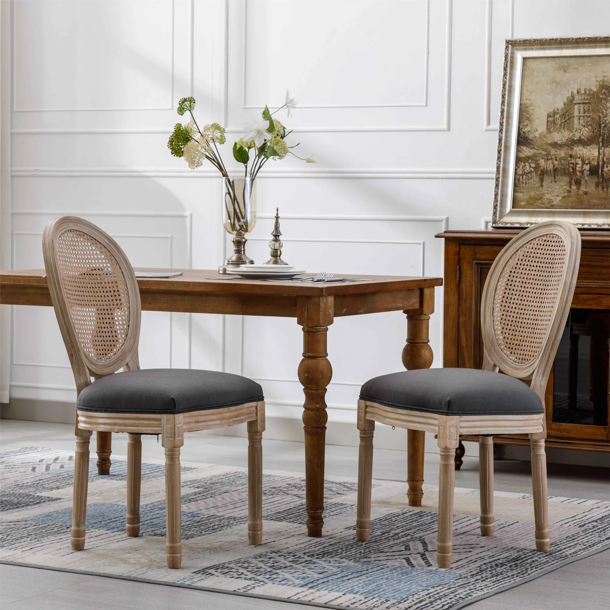 Farmhouse Dining Chairs, Antique Painting Linen Fabric Side Chair, Retro Leisure Padded Ring Chair, Armless Solid Wood Upholstered Dining Chair with Round Back, Parson Chairs(Gray,Set of 6)