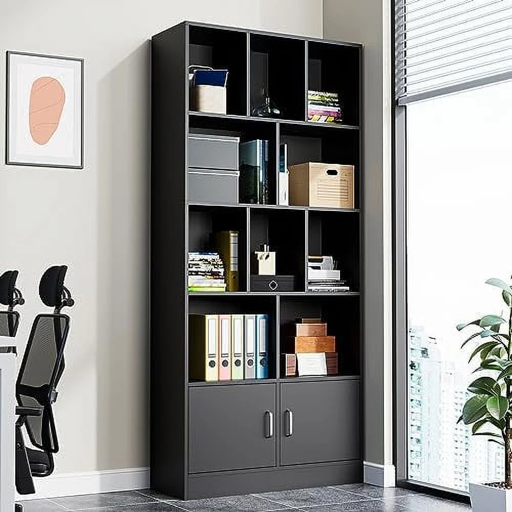 NTTBOBOEC  4-Tier Open  Bookcase  69.7" Tall Bookshelf with 10 Cubes and 2 Doors  Modern Cube  Organizer for Living Room  and Office  Oak & White