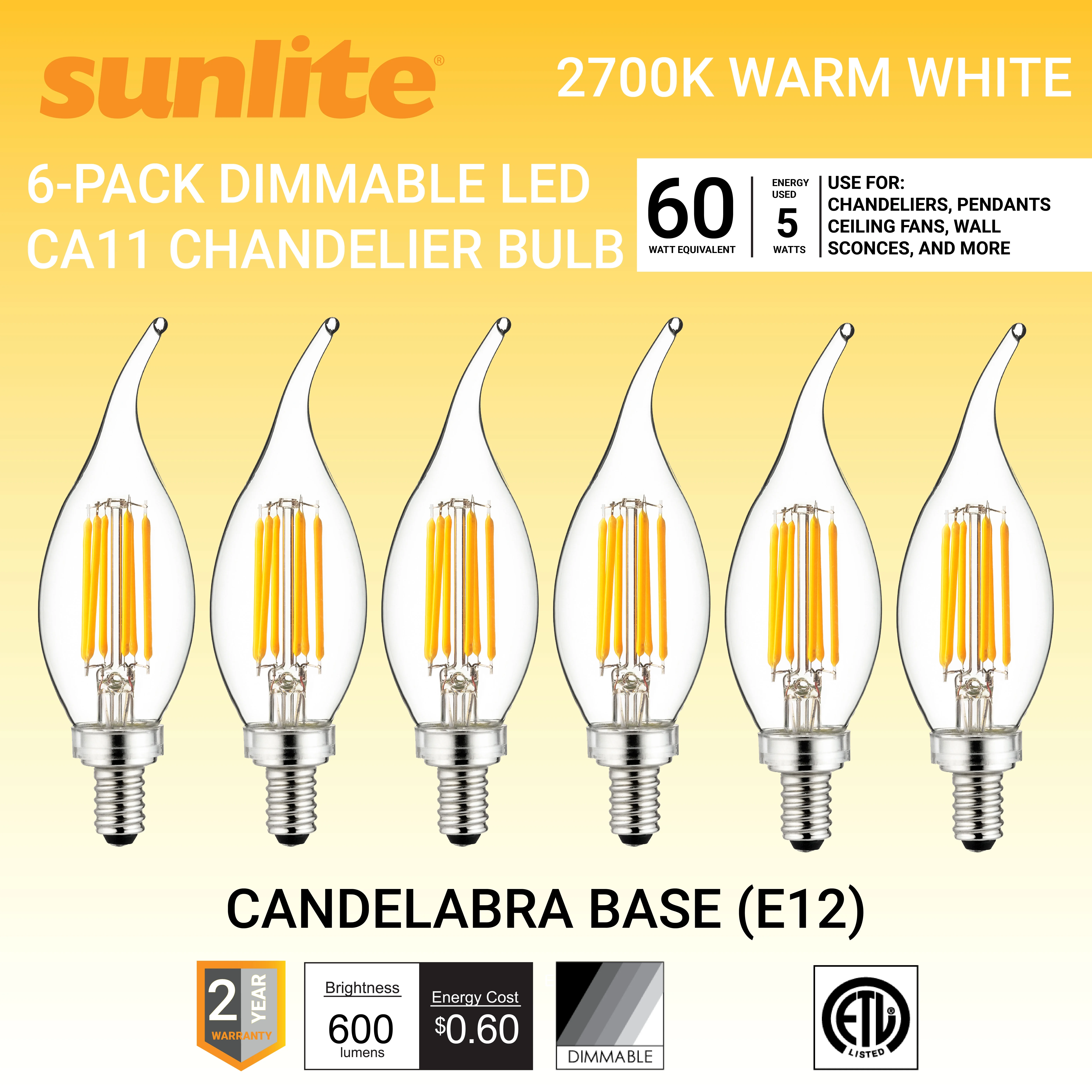 Sunlite LED Filament CA11 Flame Tip Chandelier Light Bulb 5 Watts (60W Equivalent), Candelabra E12 Base, Dimmable, UL Listed, 2700K Warm White, 6 Pack