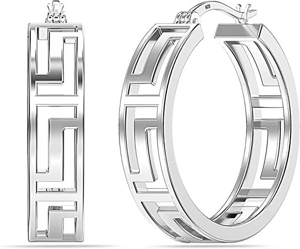 LeCalla 925 Sterling Silver Greek Wall Cut-Out Pattern Light-Weight Click Top Filigree Hoop Earrings for Women and Teen Girls 20MM