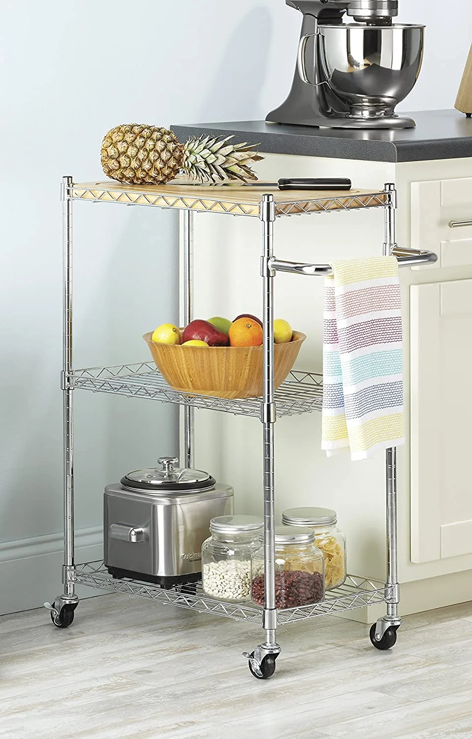 Kitchen Microwave Cart on Wheels, Wire Rolling Cart with Handle Bar, 3 Tier Bakers Rack with Wood Table, Height Adjustable Shelves, 24L x 14W x 33.5H Inches, Chrome/Wood