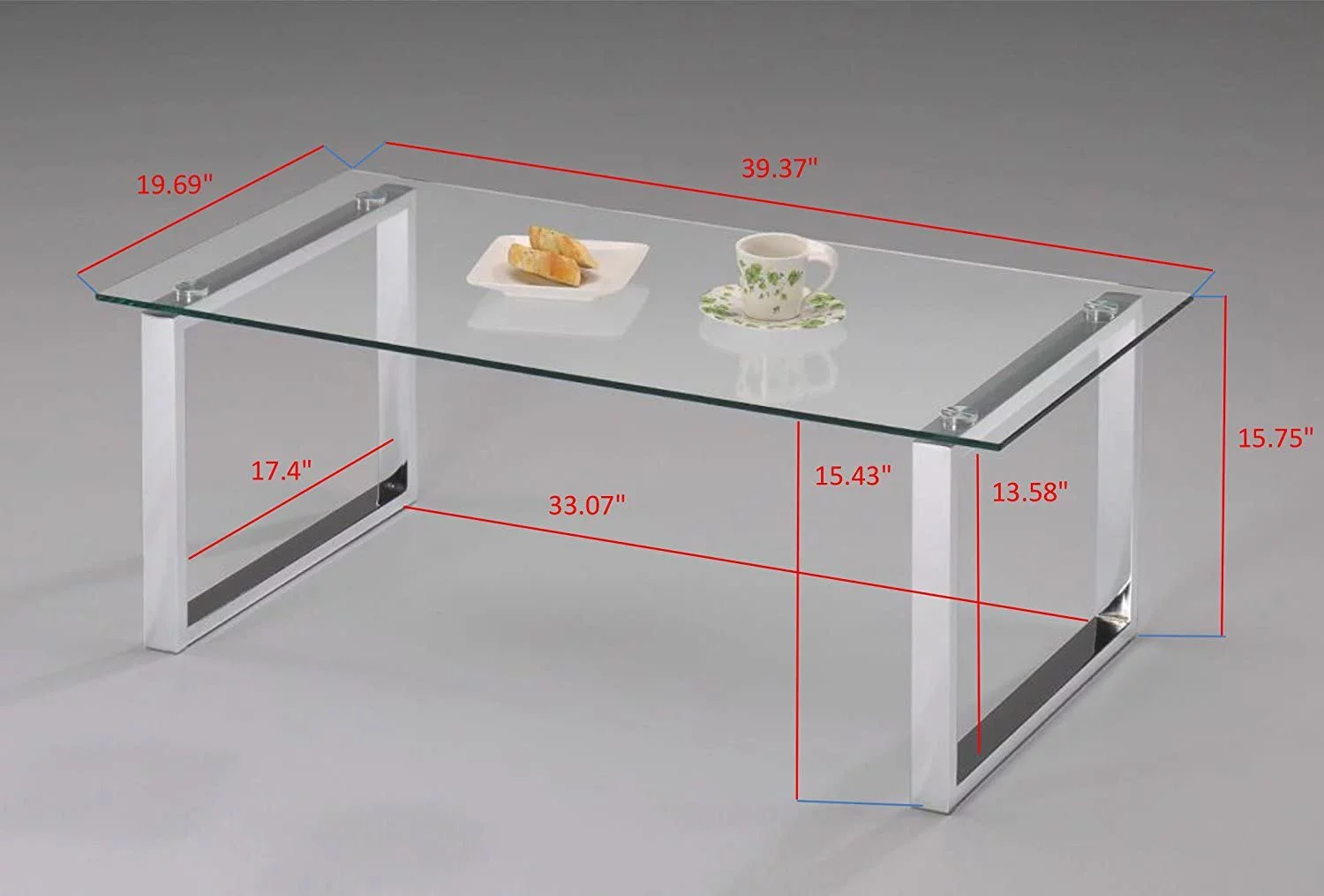 CGFHYP Bevan Glass Top Metal Frame Square Coffee Table  Chrome  Clear White  Silver
