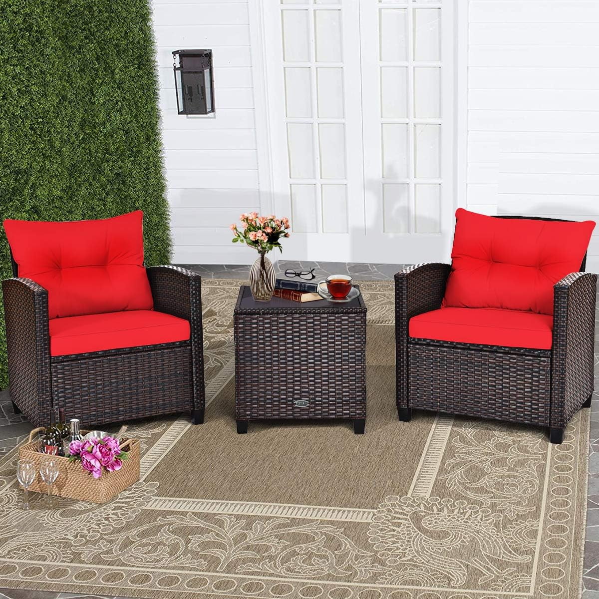 3 Piece Patio Furniture Set, Wicker Bistro Conversation Set W/ 2 Cushioned Armchairs & Glass Topped Table, Outdoor Rattan Sofa Set Patio Furniture For Porch Balcony Poolside (Red)