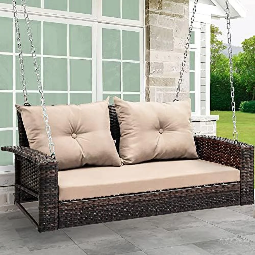 TQJKLFDY Wicker Hanging Porch Swing Chair Outdoor Brown Rattan Patio Swing Lounge w/ 2 Back Cushions Capacity 530lbs for Garden  Balcony  Living Room  Beige