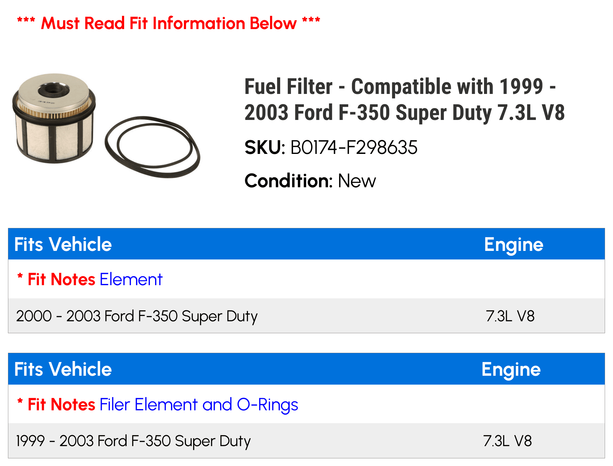 Fuel Filter - Compatible with 1999 - 2003 Ford F-350 Super Duty 7.3L V8 2000 2001 2002