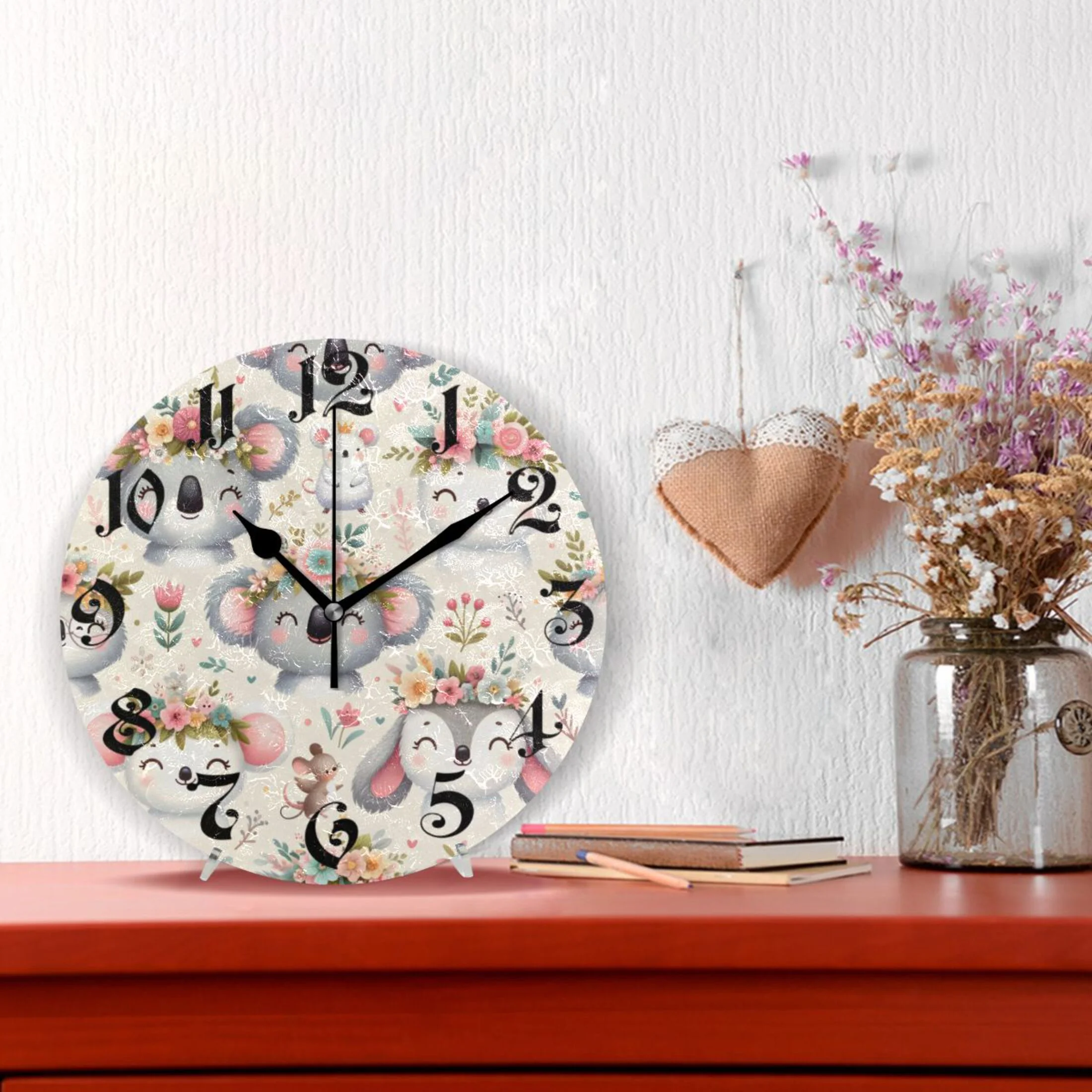 Silent Wall Clock Cute Koala Llama and Floral 10