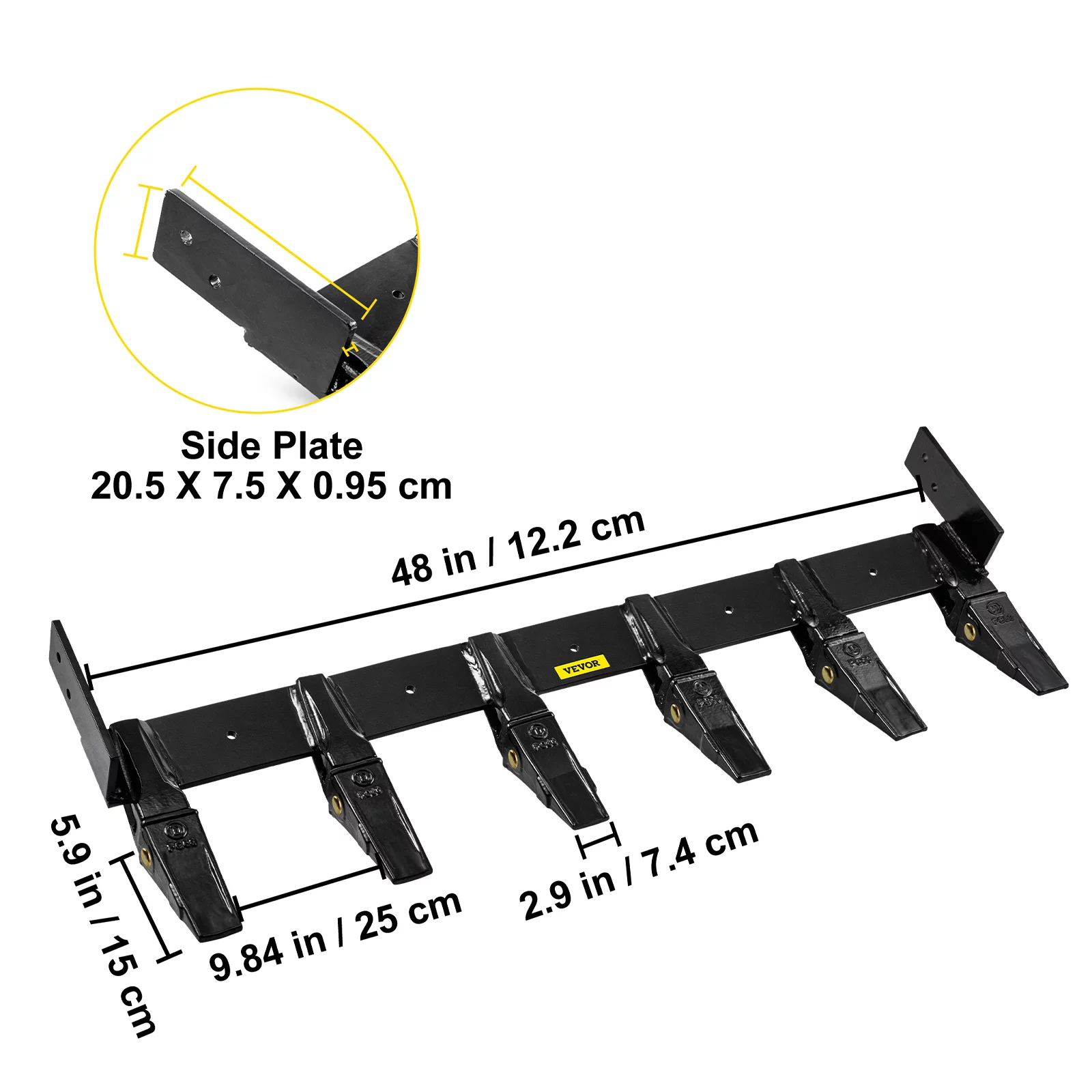 VEVOR Bucket Teeth Bar 48'' Inside Bucket Width Tractor Bucket Teeth 9.84'' Teeth Space Tooth Bar for Loader Bucket 23TF Bolt on Tooth Bucket Enables Penetration of Compacted Soil and Other Materials