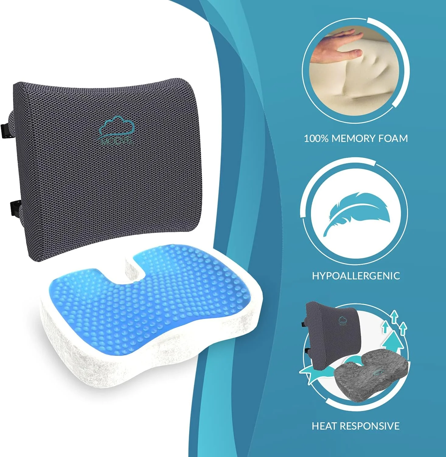 Memory Foam Seat Cushion And Lumbar Pillow Combo - Gel Infused And Ventilated - Back Pain Relief