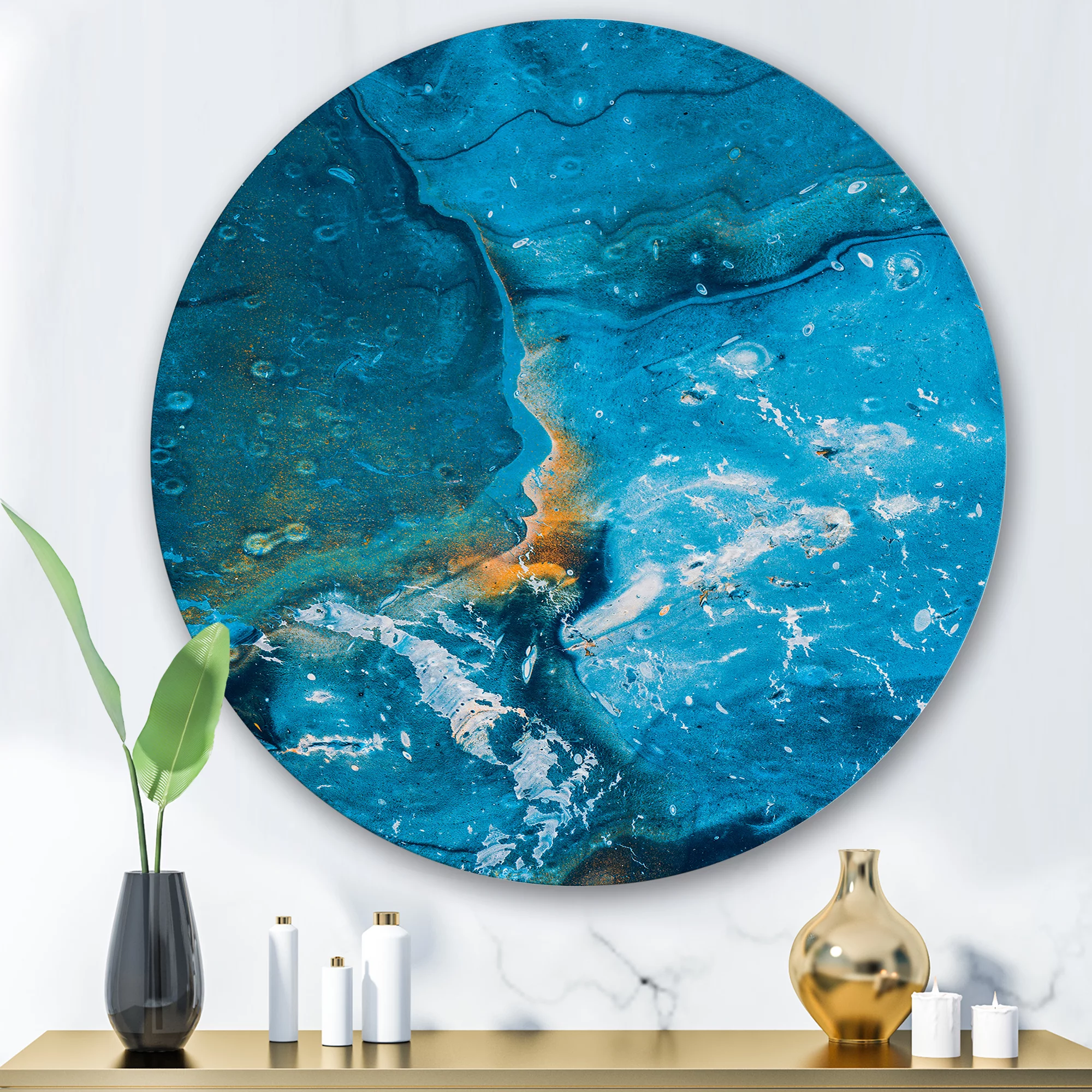 Designart 'Abstract Blue Marble Composition I' Modern Circle Metal Wall Art 36x36 - Disc of 36