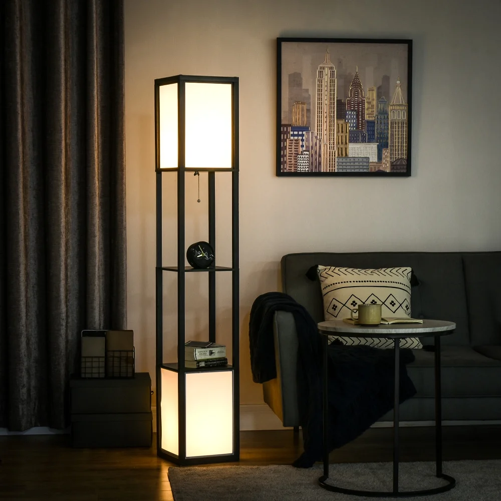 odern Floor Lamp with Shelves & Dual Ambient Lighting, Tall Standing Lamp for Living Room, Bedroom with Fabric Lampshade