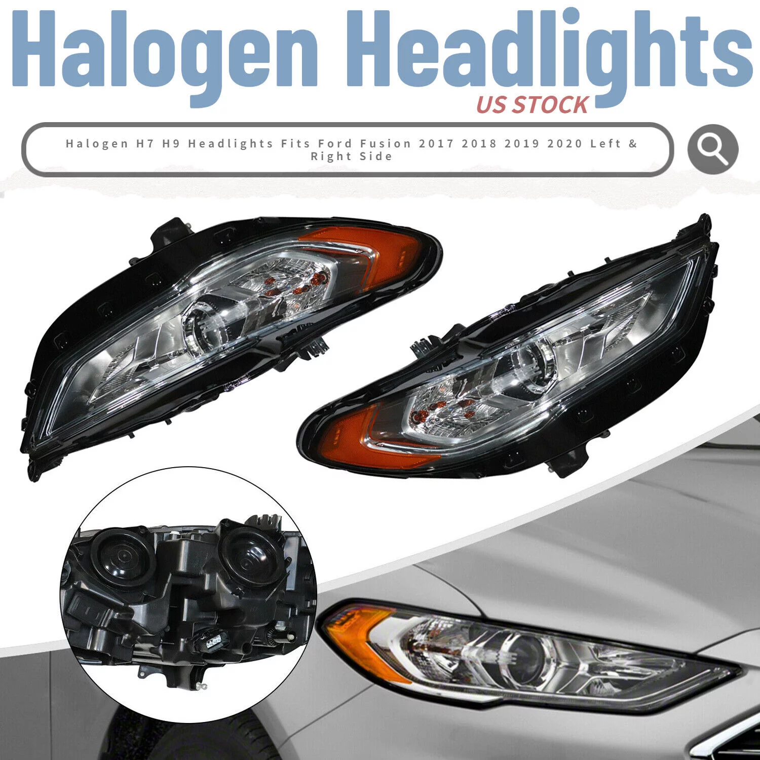 DENEST Fits 2017-2020 Ford Fusion Halogen Headlights Left+Right Side Headlamps Assembly