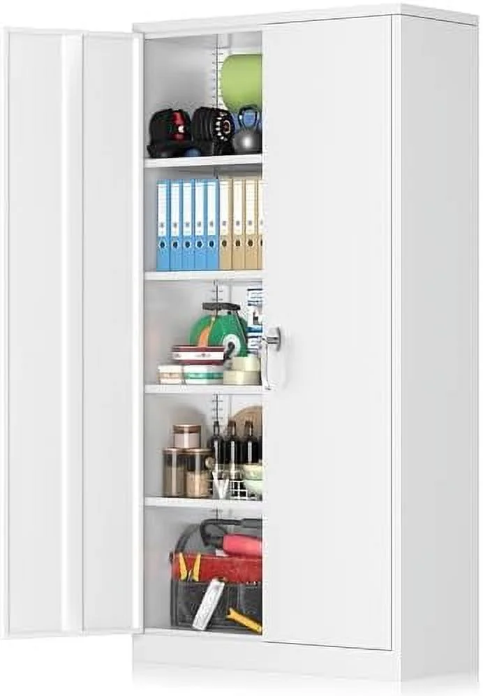 JYHOME Garage  Cabinets with Doors and Shelves  72" White Steel Tool Locking Cabinet  Metal  Cabinet for Home Office  Warehouse  School