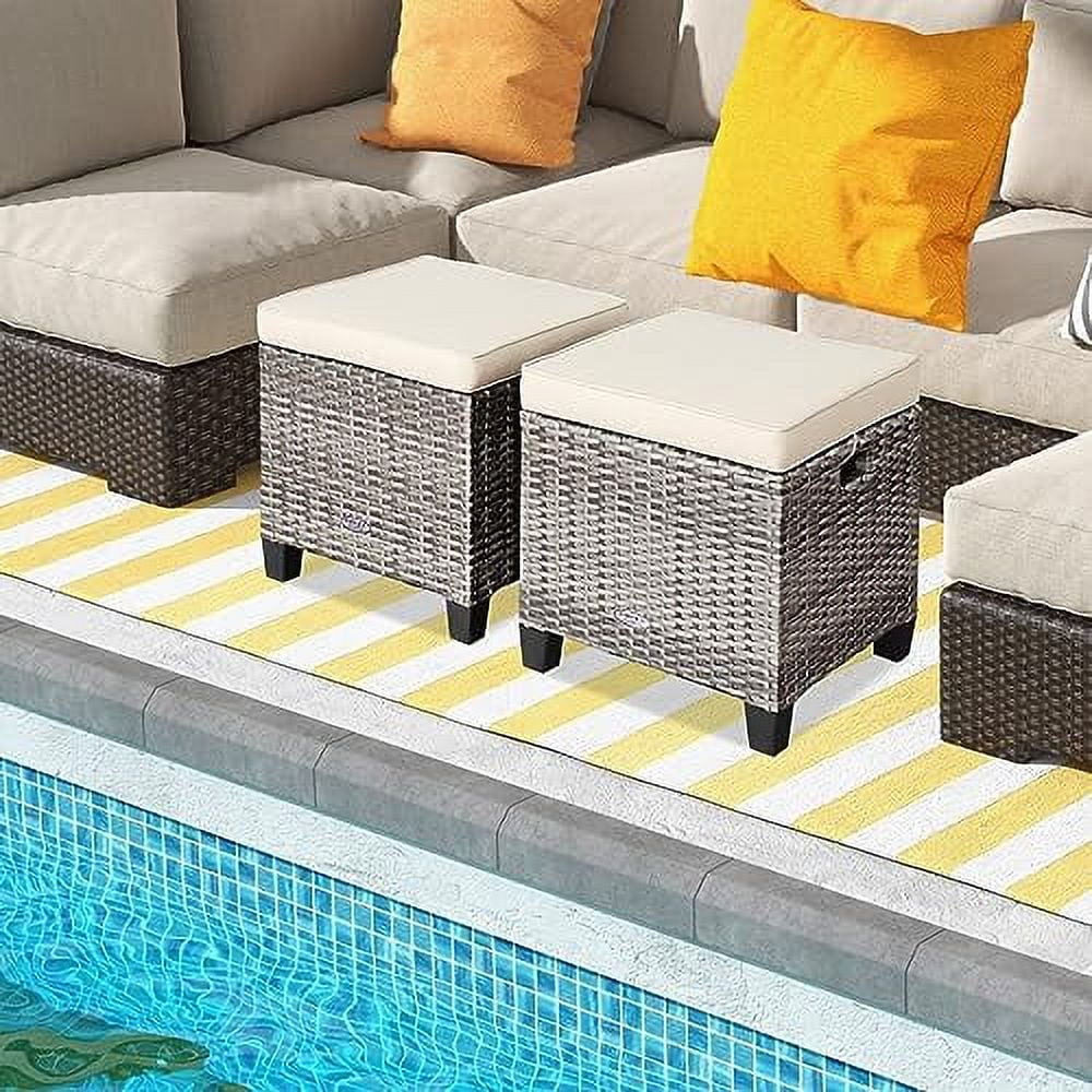 ORALNER Set of 2 Outdoor Ottoman, 16” Wicker Foot Stools, All-Weather Rattan Cube Footstool w/Removable Cushions, Square Footrest Extra Seating for Patio, Porch, Deck, Easy Assembly (Beige)