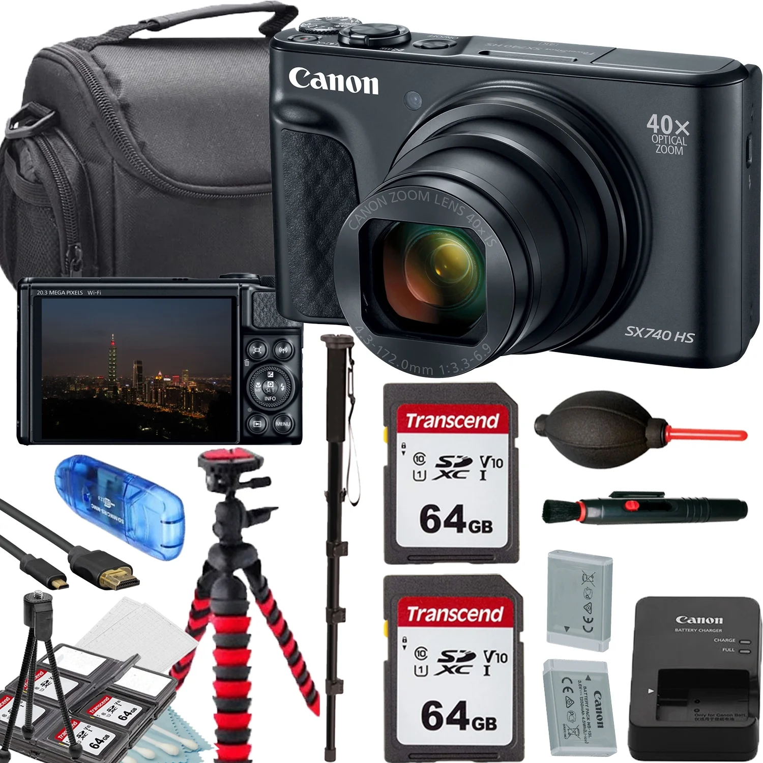 Canon PowerShot SX740 HS Digital Camera (Black)+2x64GB Memory Card+Camera Shoulder Bag+Flex SpiderTripod+Deluxe Accessory Bundle