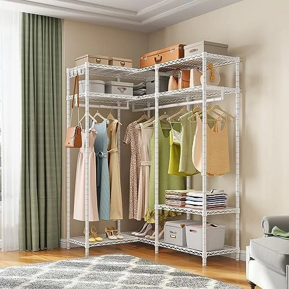 YPDCHB L30 Corner Closet System L Shaped Garment Rack with Shelves  L Corner  for Hanging Clothes  Freestanding Portable Wardrobe Closet Rack Heavy Duty Wire Clothing Rack for Corner  Bla