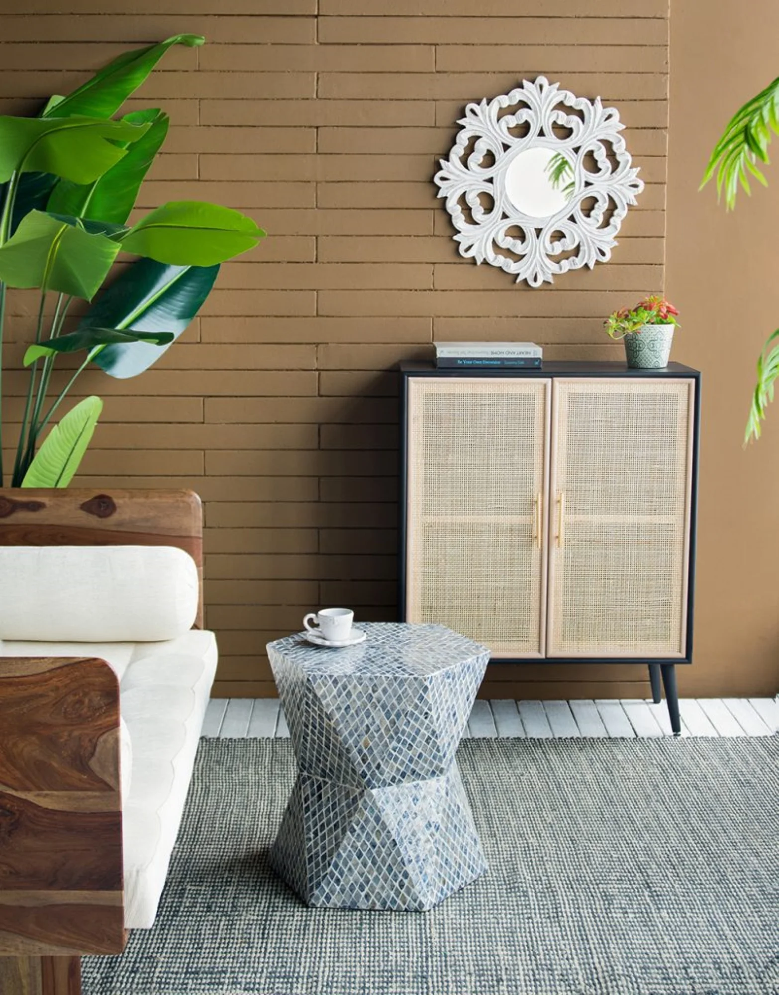 CC Home Furnishings Geometric Capiz Shell Inlay Accent Stool - 19.75