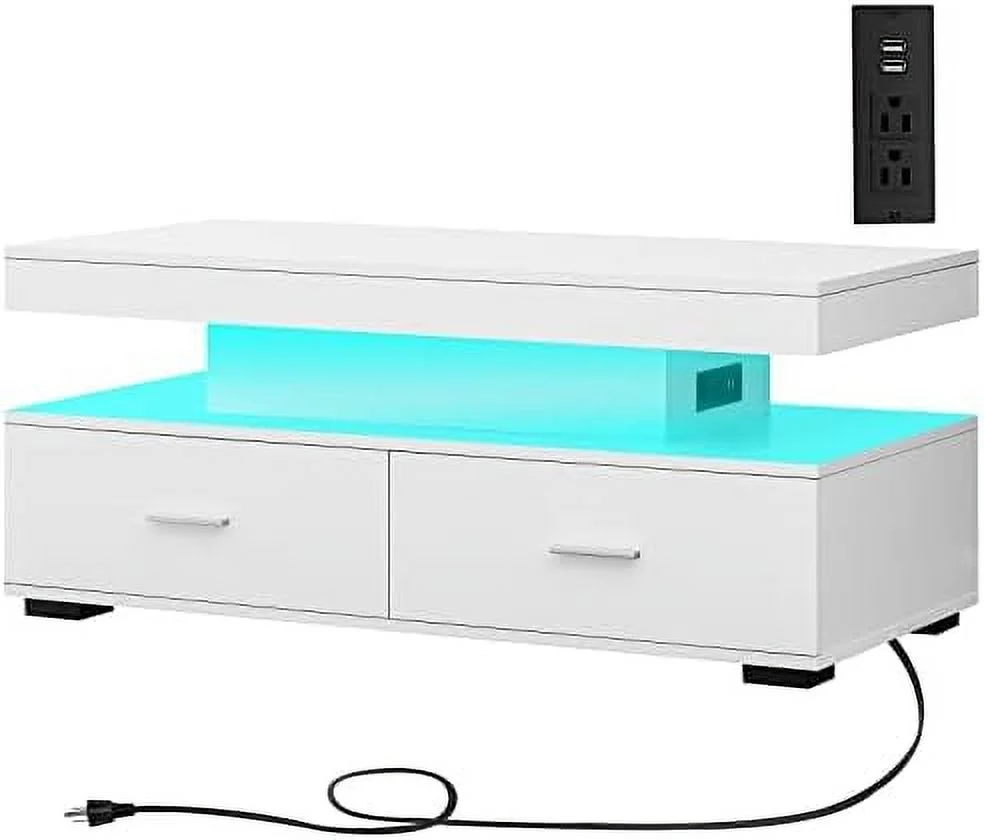 SJOPLMN LED Coffee Table for Living Room  Coffee Table with Lights  Charging Station  21 Color Change  Modern  Smart 2 Tiers Tea Table  Rectangle Design  White