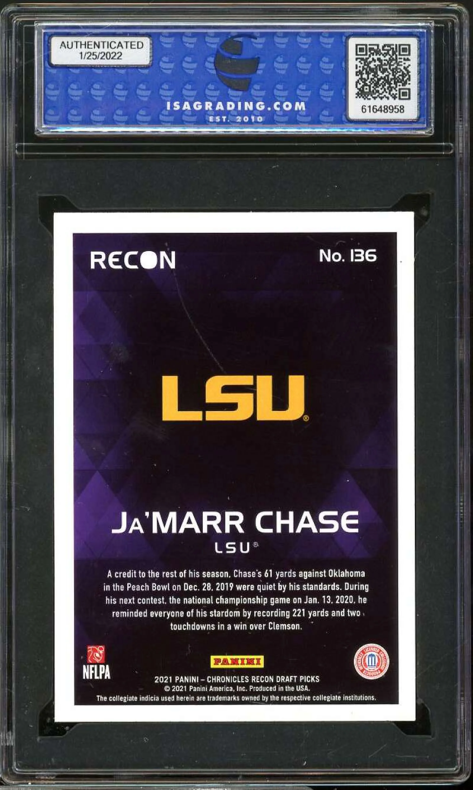 Ja'Marr Chase Rookie Card 2021 Panini Chronicles D.P. Recon #136 ISA 9 MINT
