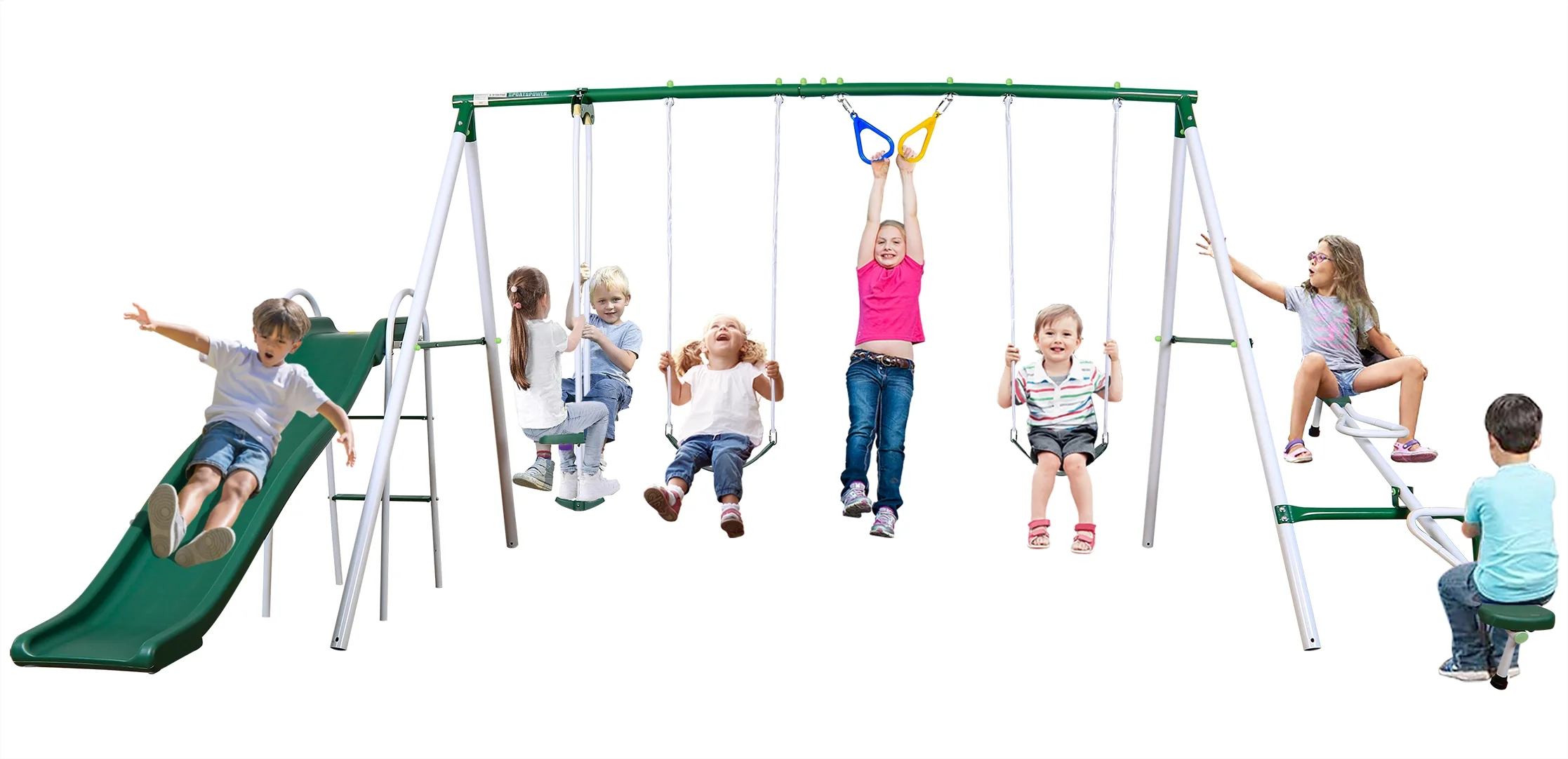 SMkidsport 6 in 1 Multi Functions Swing Set for Backyard, Heavy Duty Metal Playground Set for Kids with Slide, Gymnastic Ring, Two Swing Seats and Seasaw