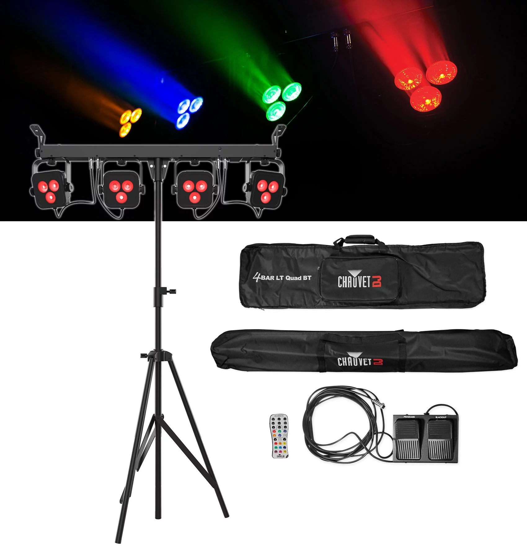 (2) Chauvet DJ 4BAR LT QUAD BT Wireless Bluetooth Wash Lights+Stands+Bags+Facade