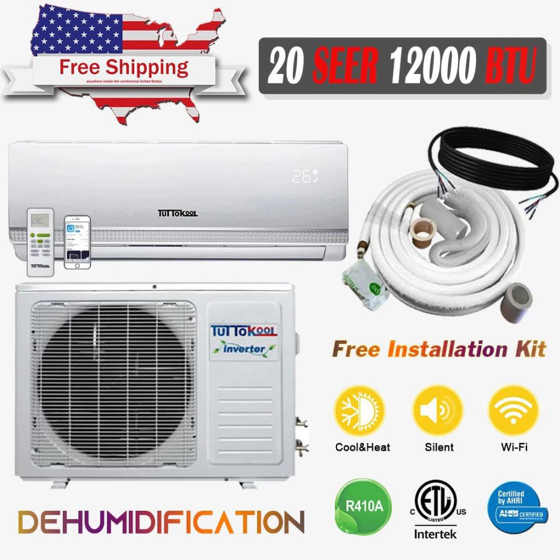 Tuttokool 12,000 BTU, 20 SEER Wifi Ready Wall-Mounted Ductless Mini-Split A/C Heat Pump System16-ft Installation Kit (115V)