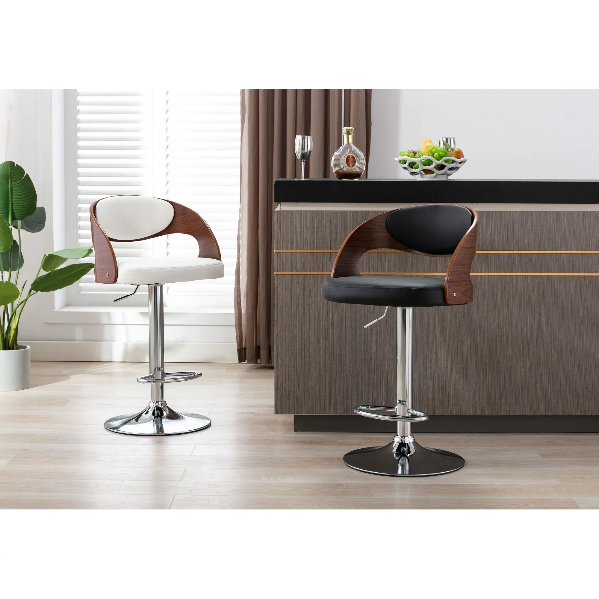 Porthos Home  Ezra Height Adjustable Bar Stool, PU Leather, Chrome Base Black