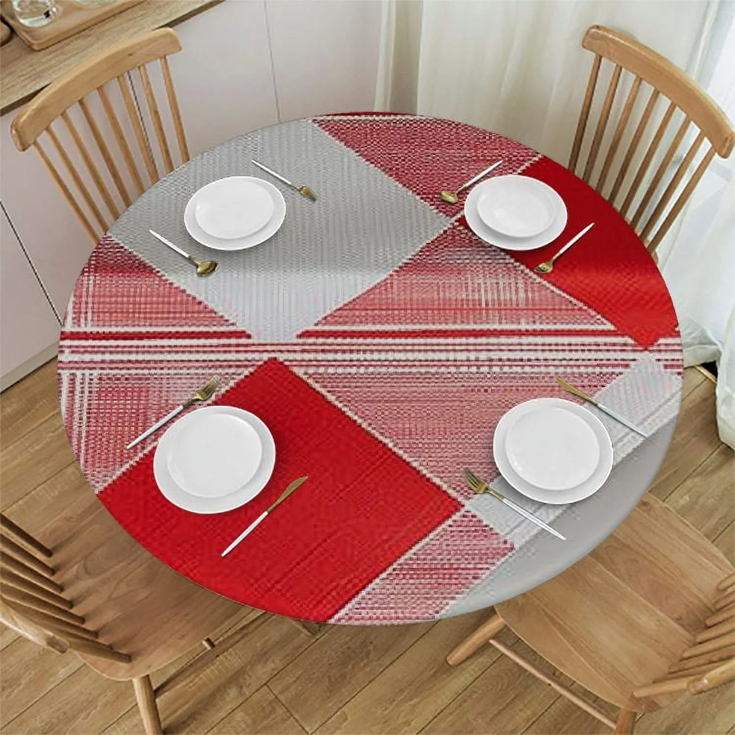 PRATYUS  Round Buffalo Plaid Backed Tablecloth, 100% Waterproof Wipeable Checkered Table Cloth for Dinner, Kitchen, Picnic Red and White