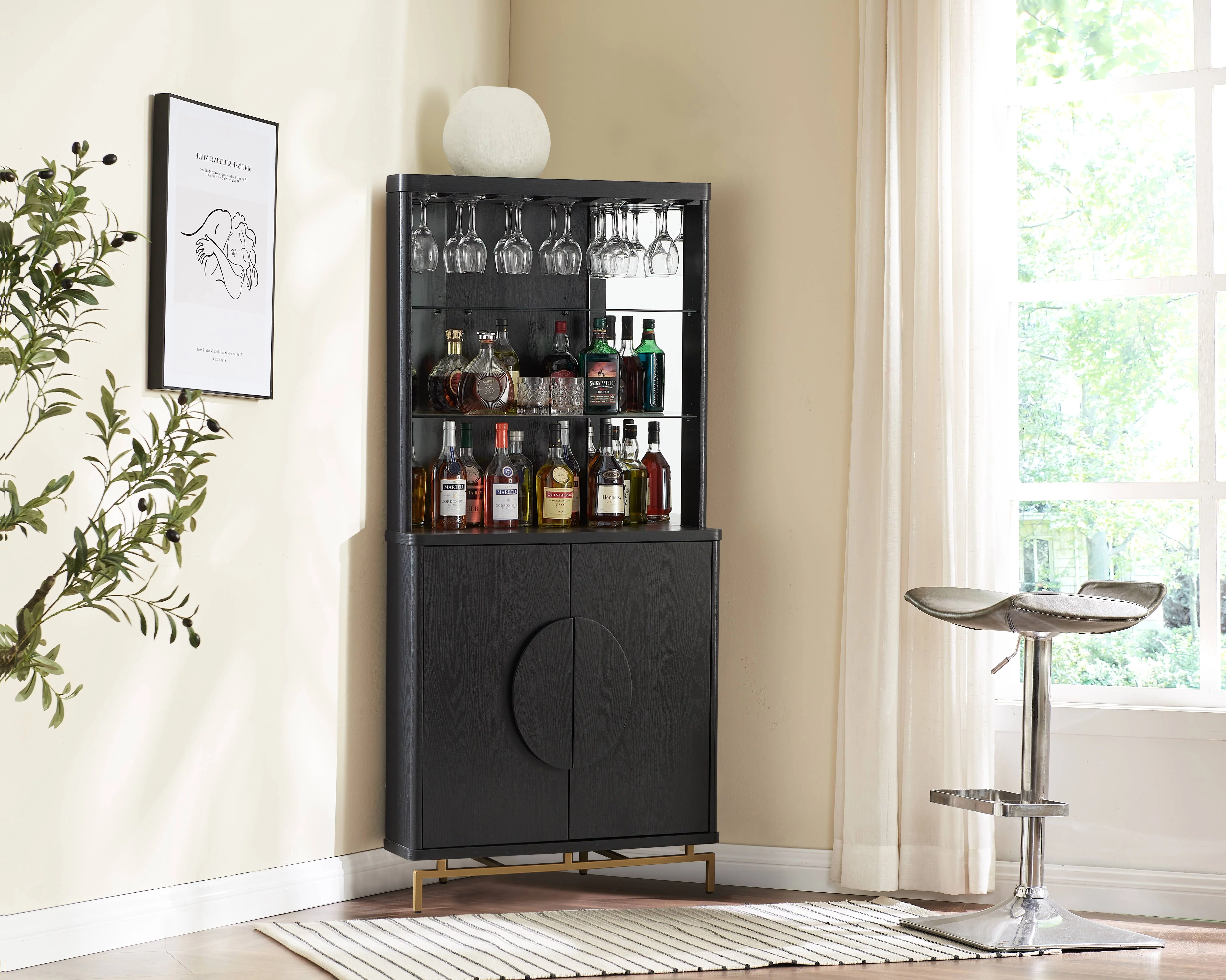 Home Source Black Bar Cabinet with Half Moon Handles and Metal Base