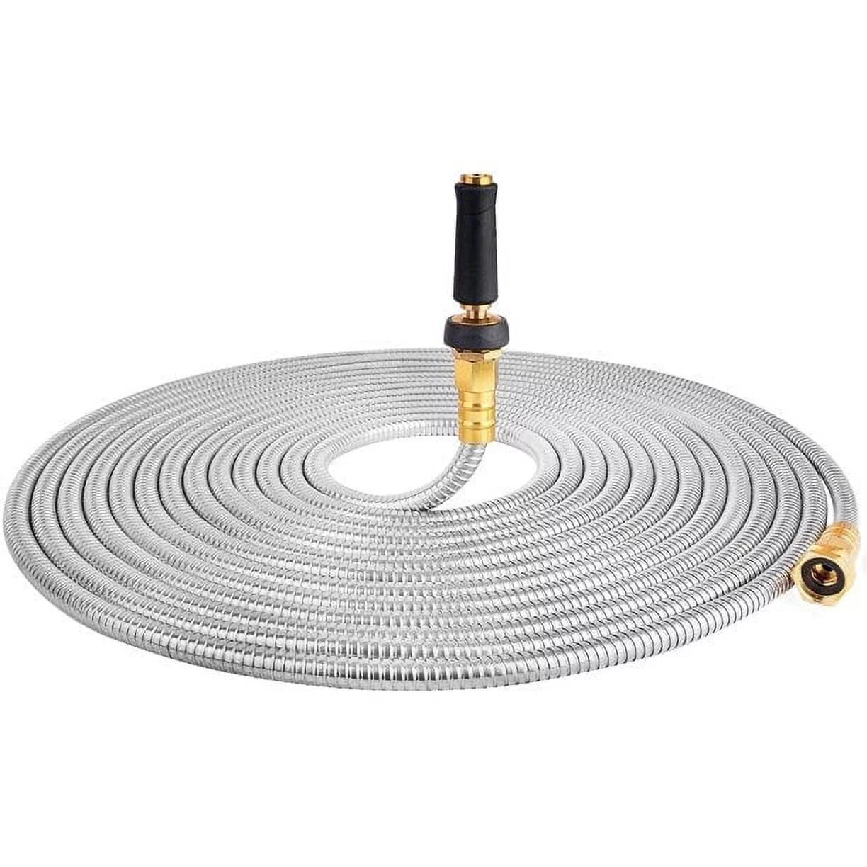 50' 304 Stainless Steel Garden Hose, Lightweight Metal Hose with Free Nozzle, Guaranteed Flexible and Kink Free