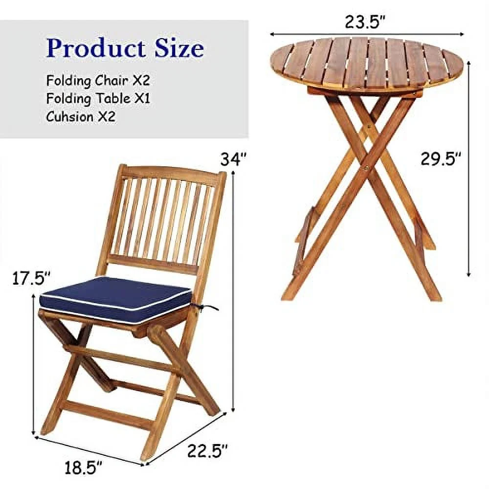 Outdoor Bistro Table and Chairs Set of 2, Patio Folding Bistro Set w/Padded Cushion& Round Coffee Table for Indoor Patio Poolside Garden Yard and Bistro, Acacia Wood
